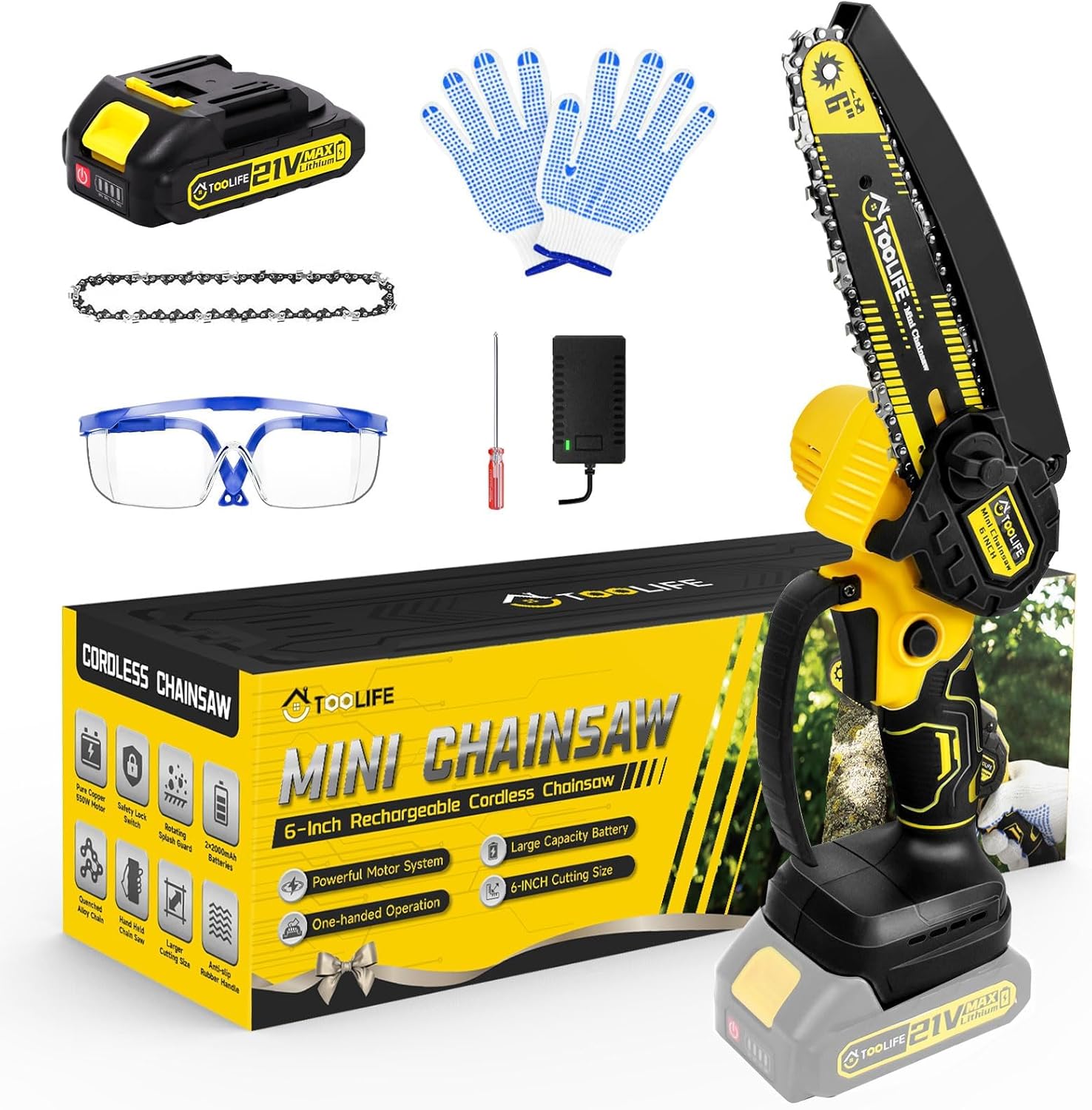 TOOLIFE 6inch Mini Chainsaw, Handheld Electric Battery Powered Chainsaw for Tree Cutting, Gardens Tool for Men Women Him Her, Mens Husband Dad for Boyfriend, Christmas Gifts for Stocking Stuffers