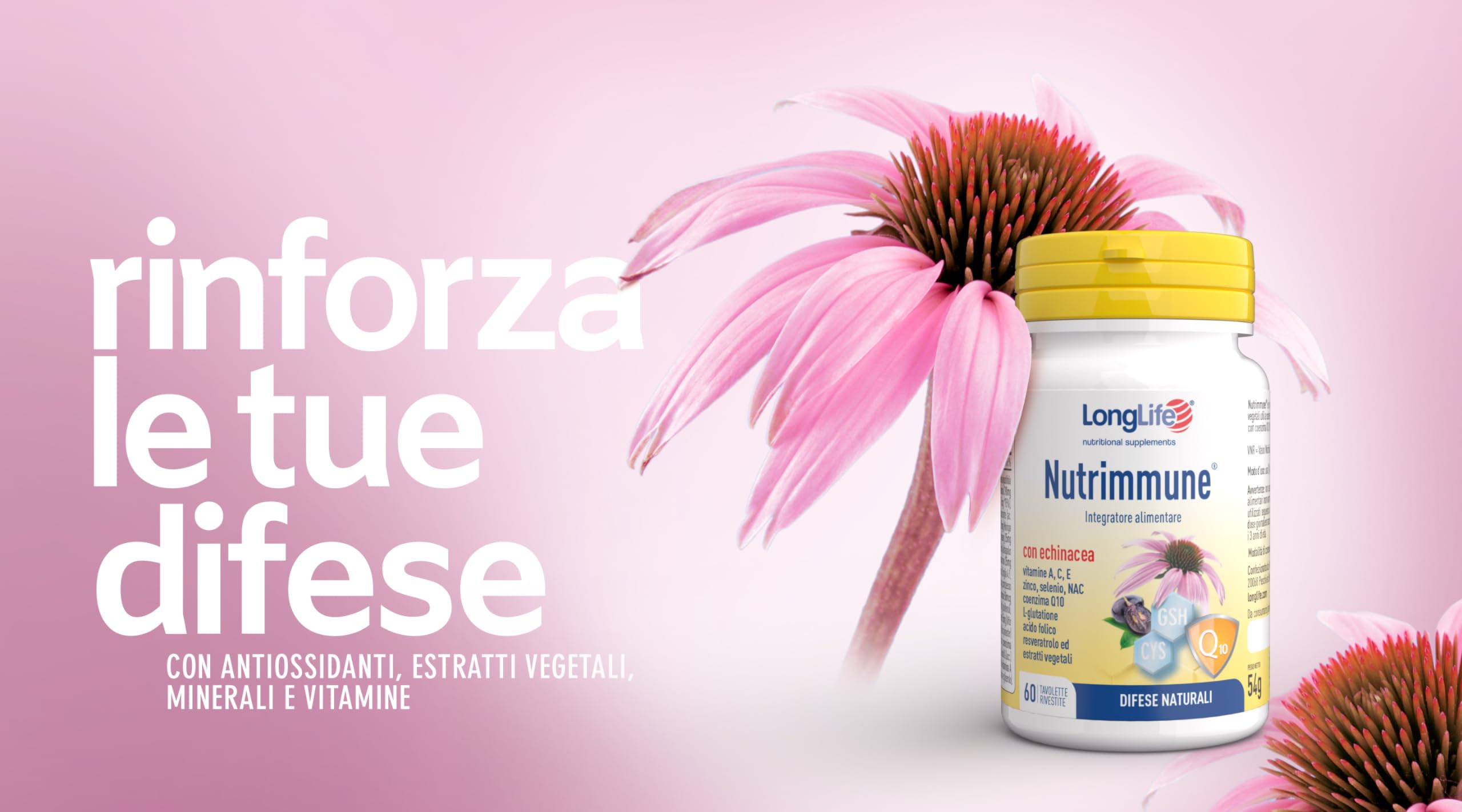 LongLife Nutrimmune® | Echinacea, astragalo, vitamina C, E, A, zinco, selenio, NAC, L glutatione, CoEn Q10, acido folico ed altri estratti vegetali | Difese immunitarie | 2 mesi di trattamento