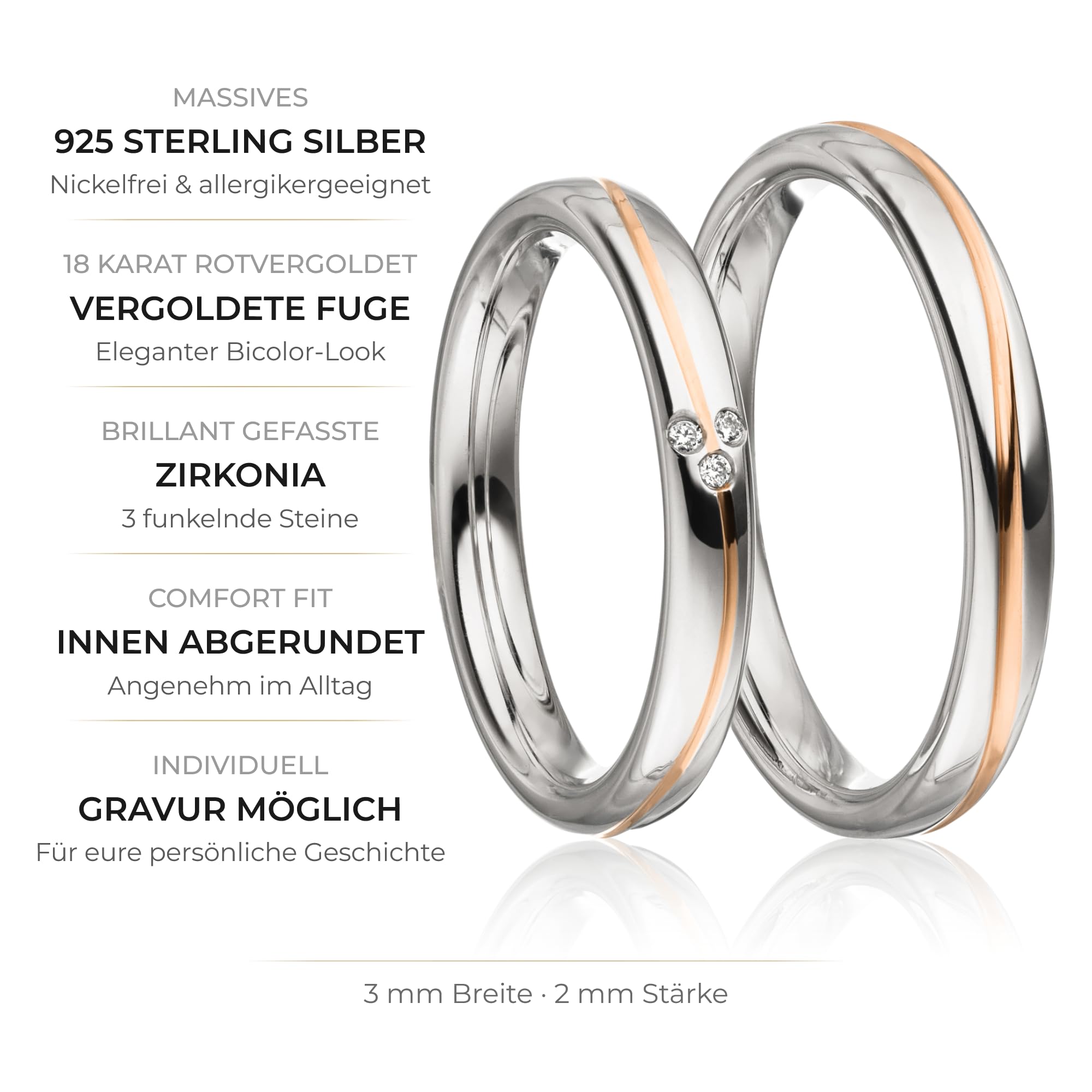 Kolibri Rings Eheringe Rot Vergoldet Verlobungsringe Silber 925 Zirkonia 3 Steine Set - Gratis Gravur und Etui
