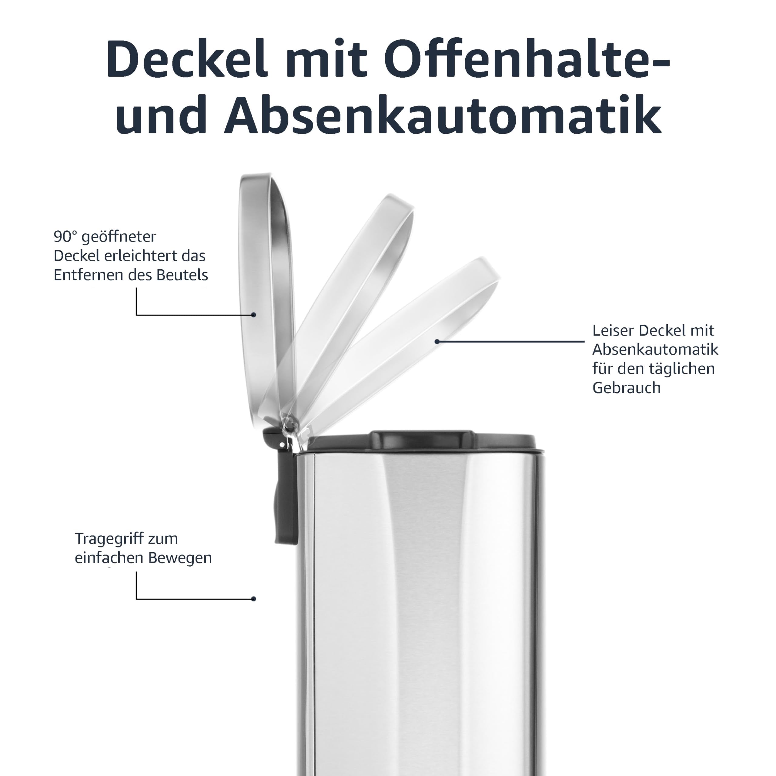 Amazon Basics 30 l Rechteckig Mülleimer für die Küche mit Stahlrohrpedal - 7.9 gallons Sanft Schließend mit Deckel, für Küche, Bad oder Büro, Satiniertes Nickel