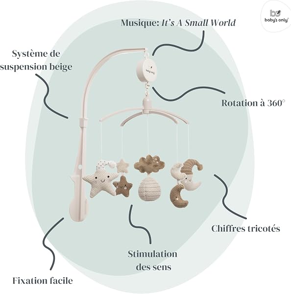 Baby's Only - Mobile musical Baby Heaven - Avec figurines tricotées - Boîte à musique bébé - Facile à installer - Mobile bébé avec musique - Pour garçons et filles - Clay/Warm Linen - 2