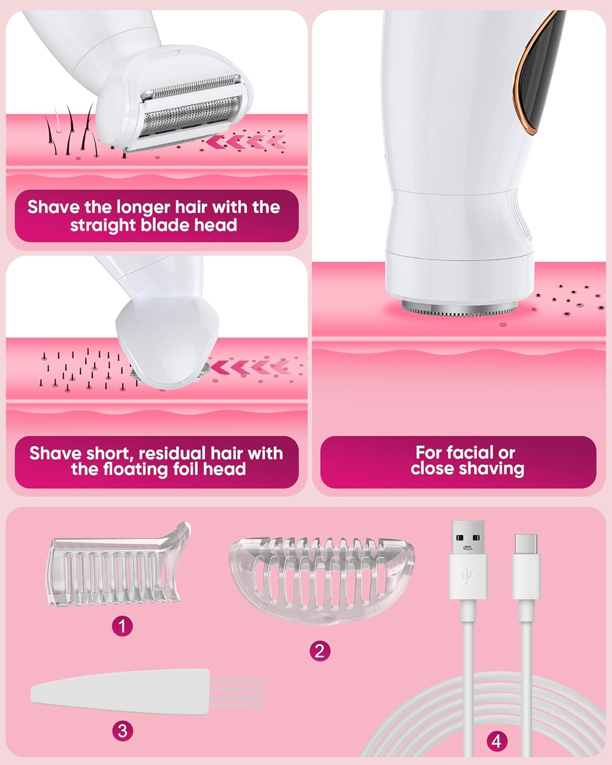 Shaver for Woman for Face, IPX7 Waterproof,White,3 in 1 Bikini Trimmer for Women, Electric Razors for Women with Display, Painless Bikini Trimmer, USB Charging, Electric Shaver for Woman