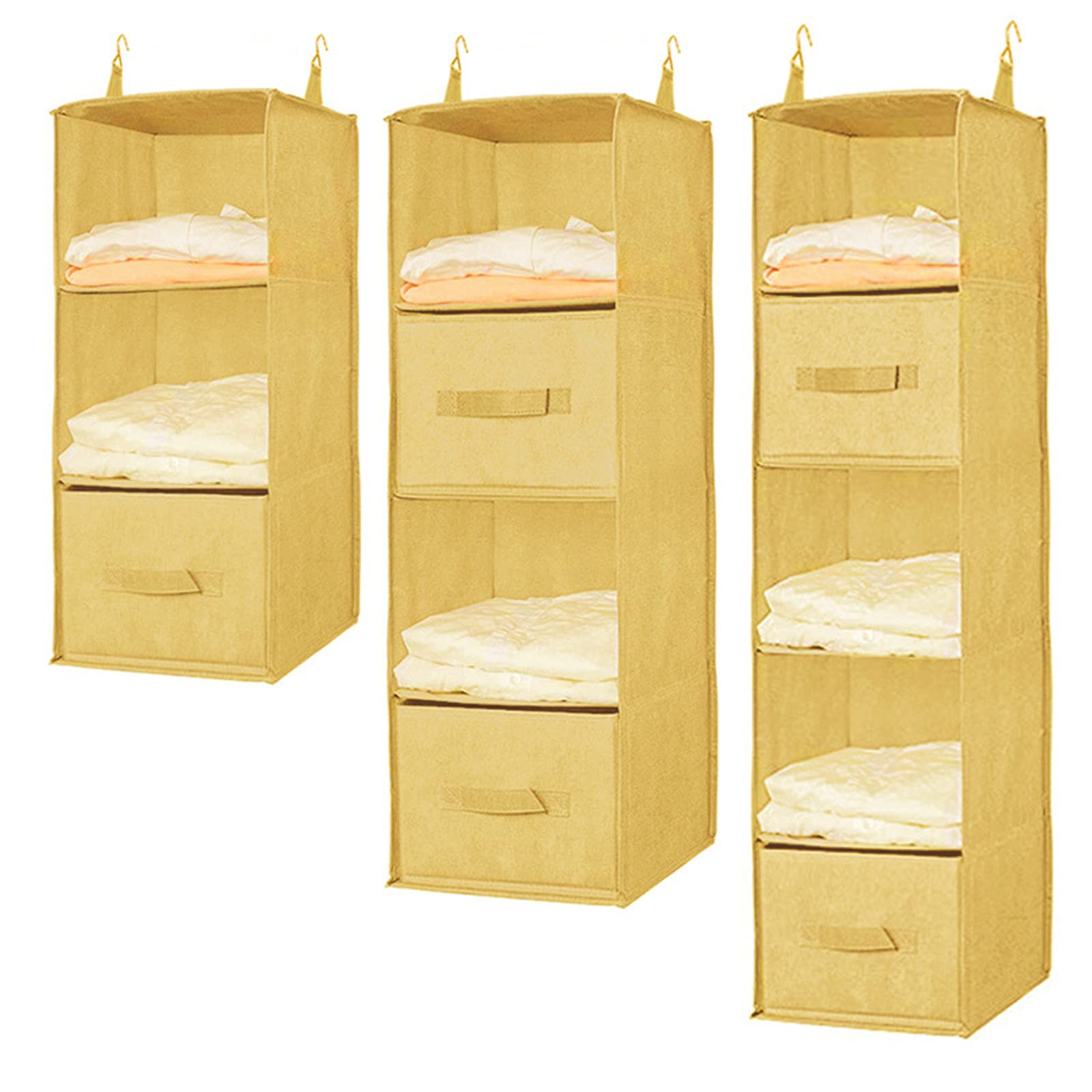 Hängeorganizer Hängeaufbewahrung mit Fächern, Multifunktionale Hängeregal Kleiderschrank Organizer Aufbewahrung mit 2 Metallhaken (Gelb,4 Ebenen mit 2 Schubladen)