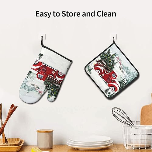 Miniatura 6 de Juego de manoplas de horno de camión rojo de Navidad, antideslizantes, resistentes al calor, guantes de cocina lavables para horno de cocina, para