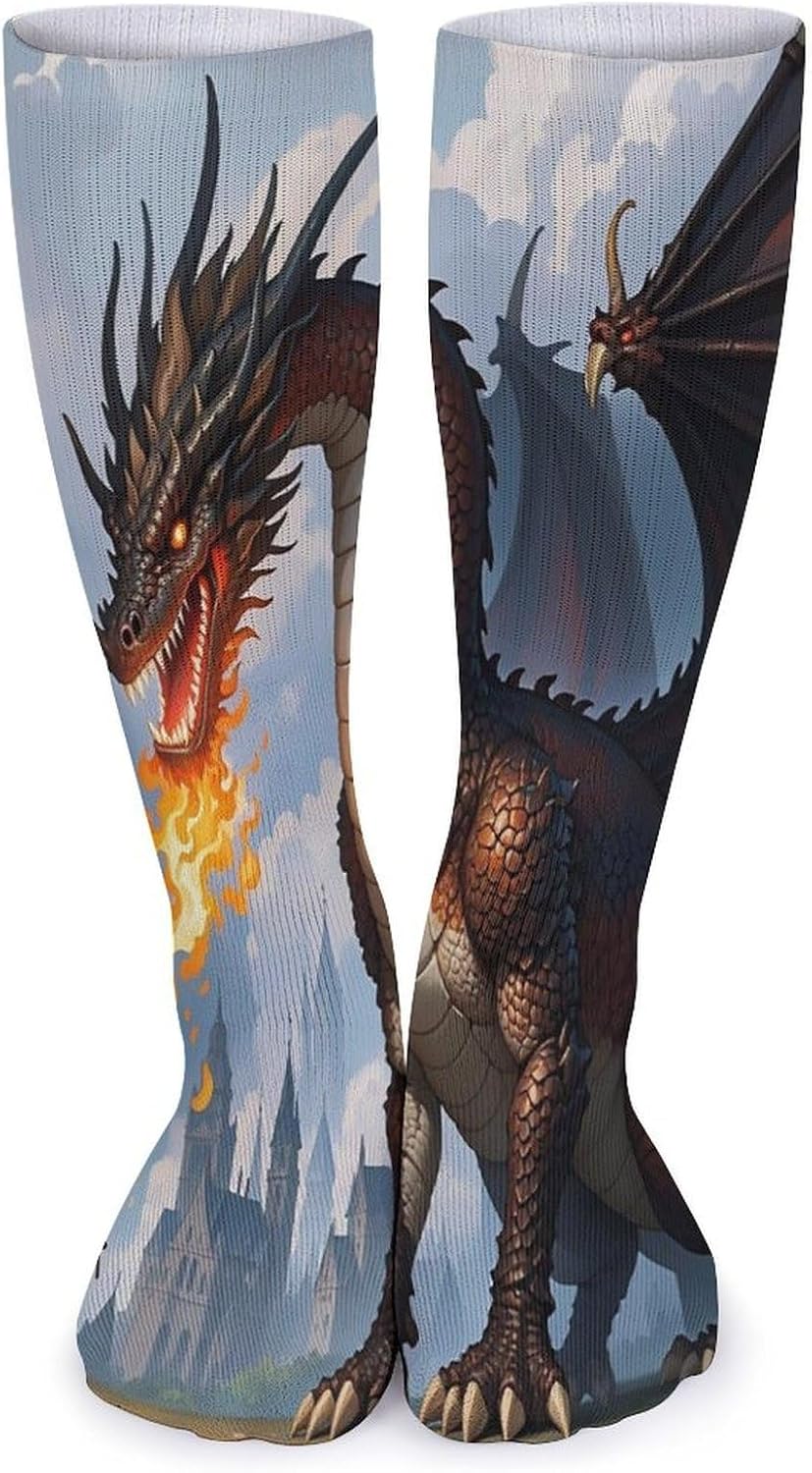 5 Pairs Knee High Socks Fire Dragons Long Tube Boot Seamless Toe