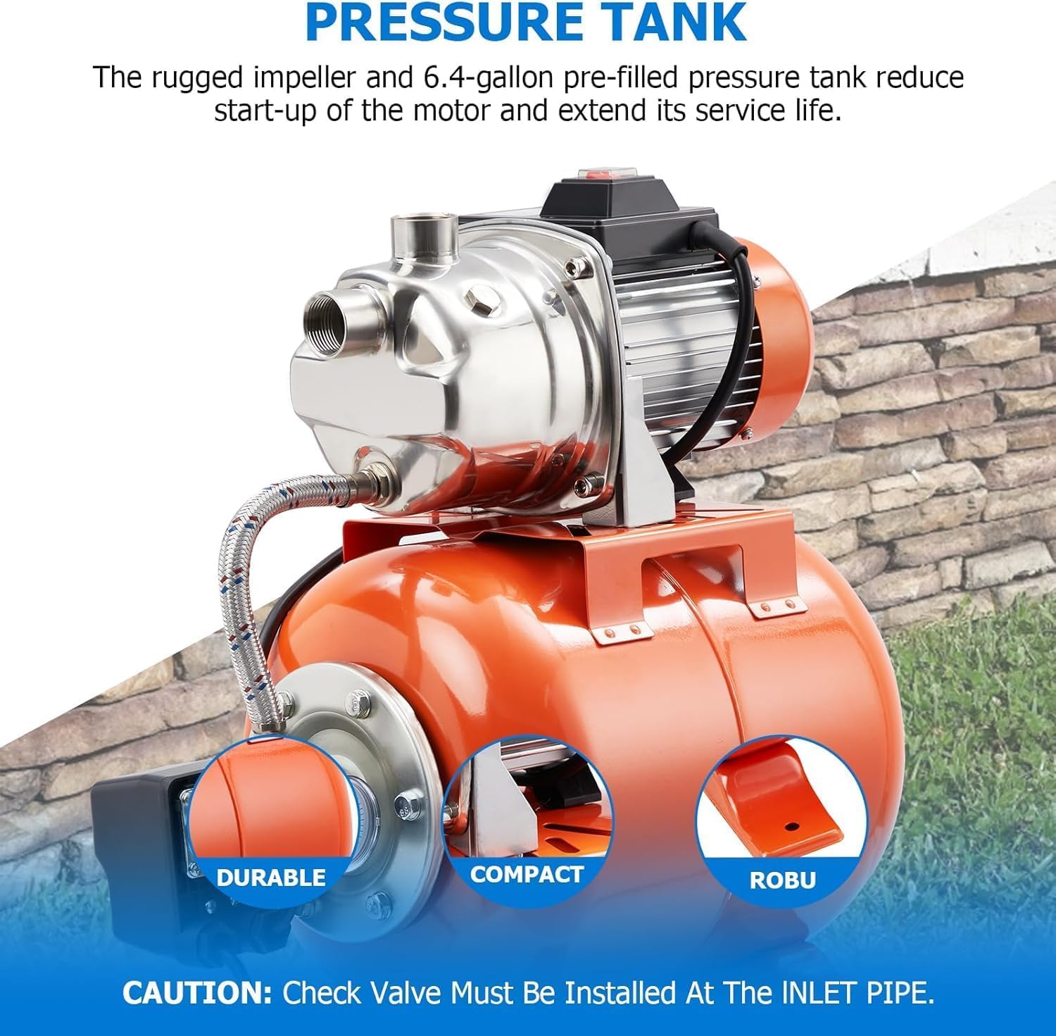1.6 HP Shallow Well Pump with Pressure Tank, 115V Stainless Steel Automatic Booster Lawn Jet Pump, for Farms, Gardens, Homes and Lawns