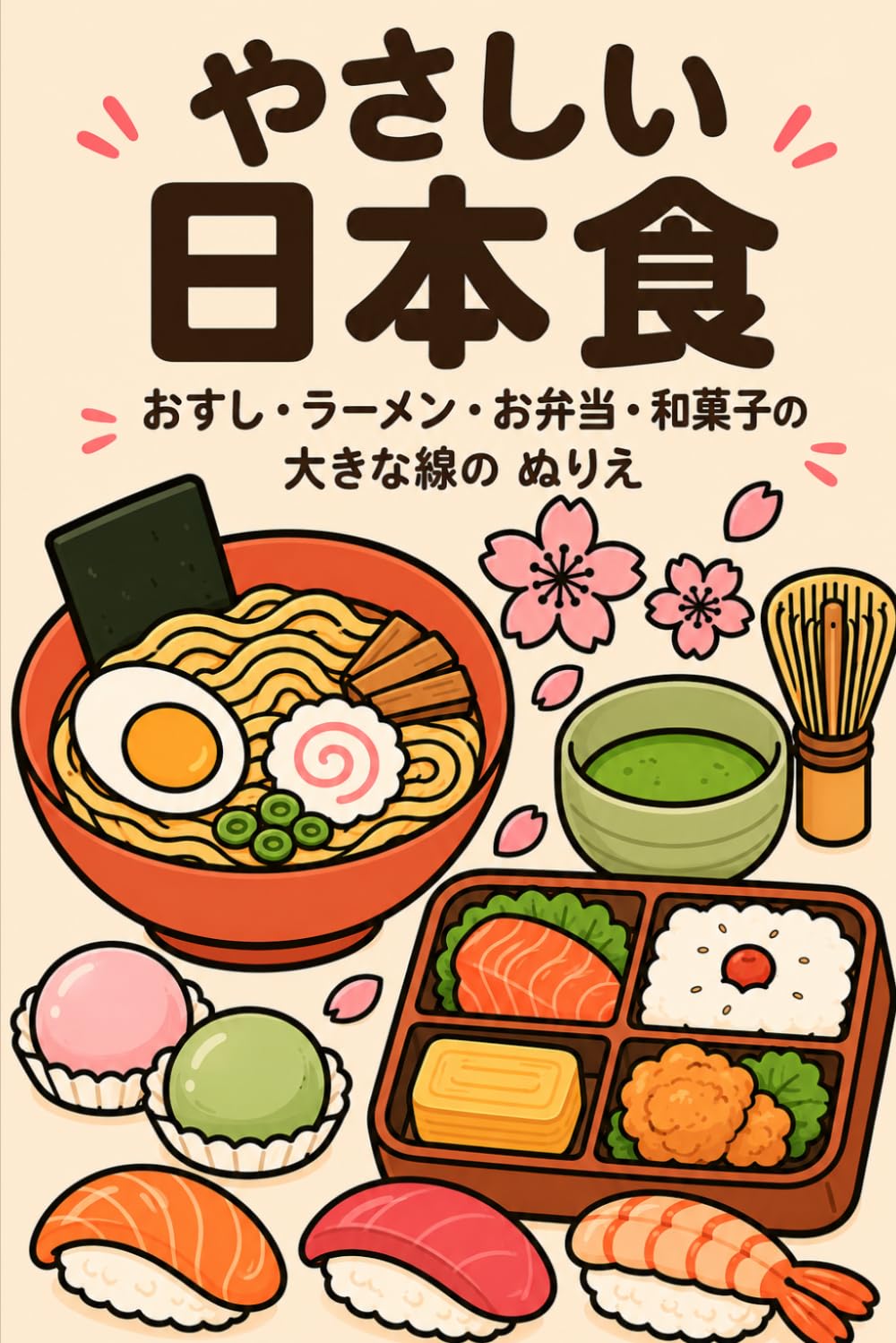 やさしい 日本食 : 大人のための日本料理ぬりえ: おすし・ラーメン・お弁当・和菓子の 大きな線のぬりえ
