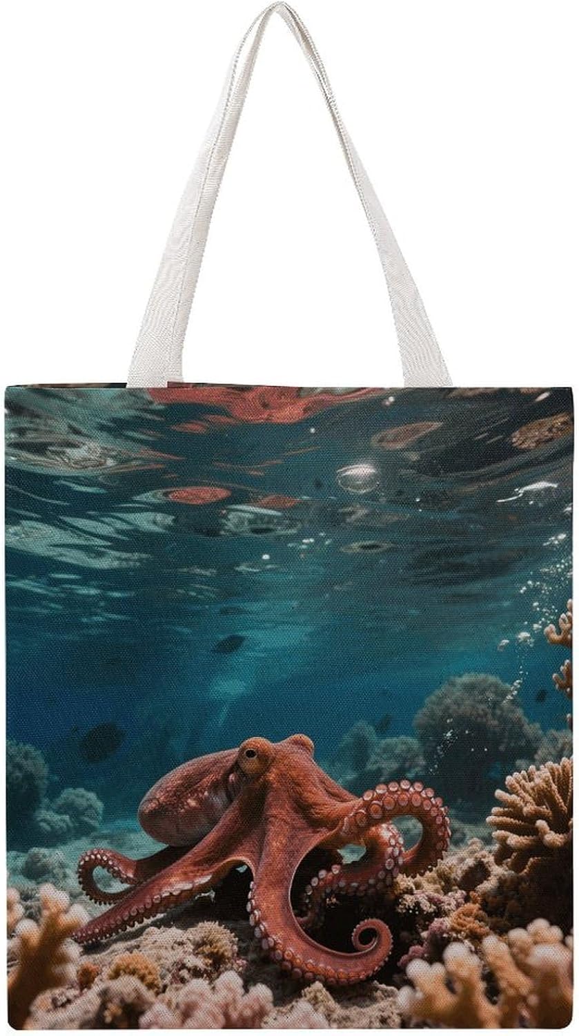 Canvas Tote Bag 16x15 In Lightweight Foldable Shoulder Hobo Purse | Octopus, Casual Tote with 10" Strap, Everyday Carryall, for Travel Work Grocery Shopping Beach Mark Gym Yoga