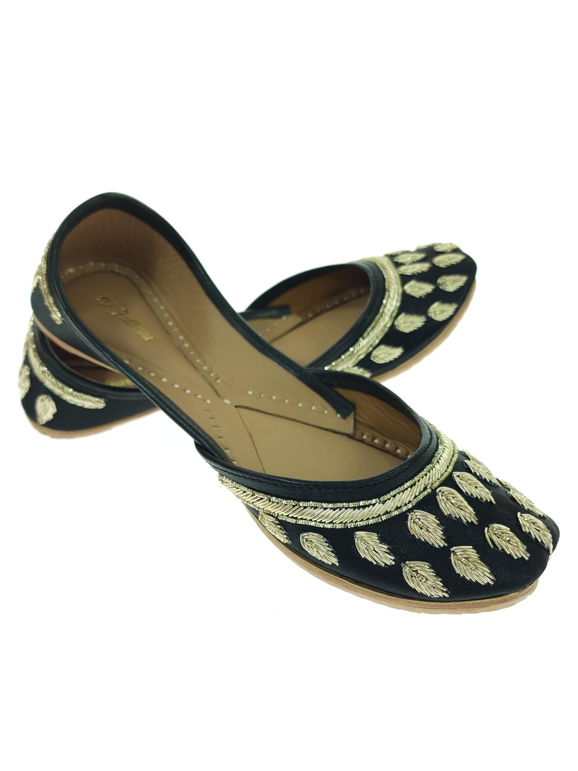 fulkari Women Dawka Patti Gold Genuine Soft Leather Embroidered Jutis | Bite and Pinch Free Jutti | Punjabi Formal Juttis | Girl's Wedding Flat Ladies Mojari | Formal Ethnic Juti |-picture-12