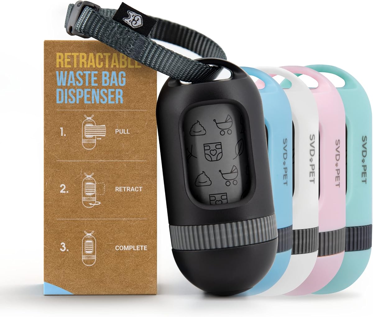 Dispensador de bolsas para excrementos de perros, bolsa para excrementos retráctil, negro | Soporte portátil para bolsa para excrementos, se adapta a cualquier correa de perro, rollo inicial de bolsa a prueba de fugas incluido, accesorio de viaje y paseo para perros
