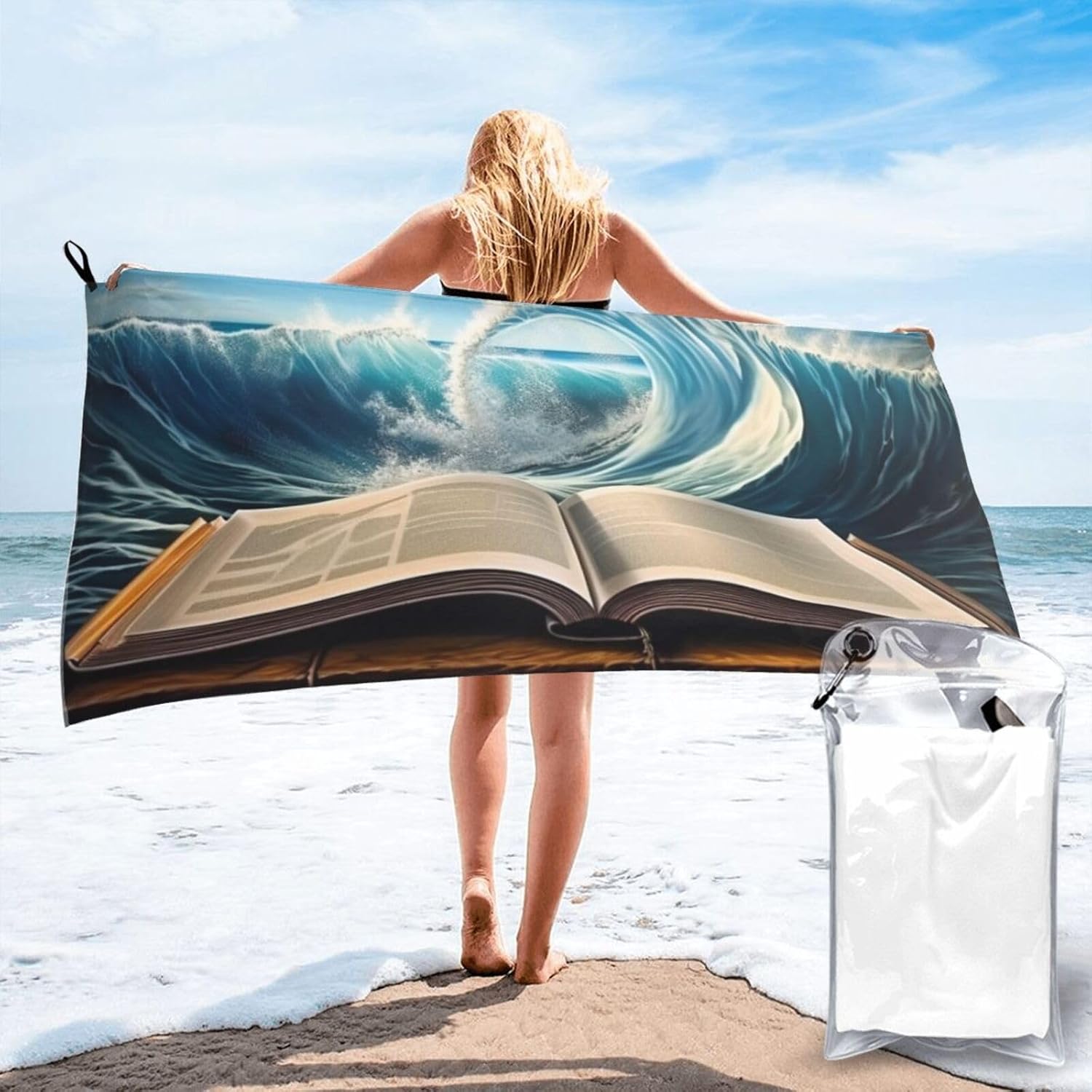 Large Quick Dry Beach Towel Book Wave Printed Printing Microfiber Camping Towels Super Absorbent Travel Beach Towels for Traveling,Hiking,Swimming, Bath,Sports,Yoga (27.5"X55")