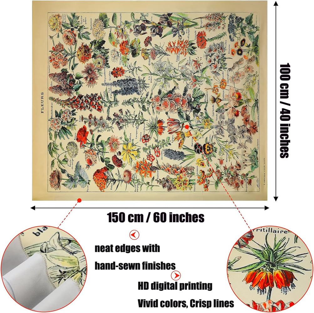 Vintage Flowers Tapestry 60” x 40”, Long Vertical Wall Hanging Reference Illustrative Botanical Tapestries for Bedroom Aesthetic Floral Tapistry Botanical Plants Tapestry Wall Hanging Cute Bedroom Decor