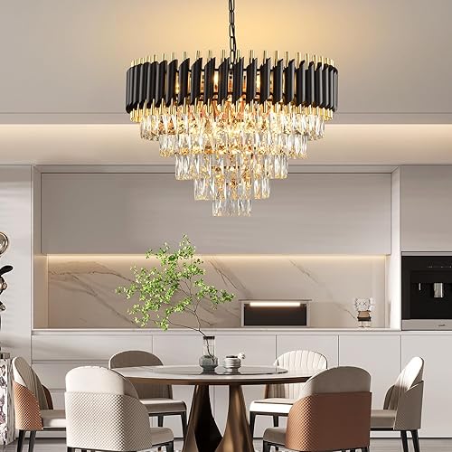 Miniatura 3 de Candelabro moderno de cristal negro y dorado, lámpara colgante redonda de 5 niveles, lámpara de techo empotrada para comedor, sala de estar,