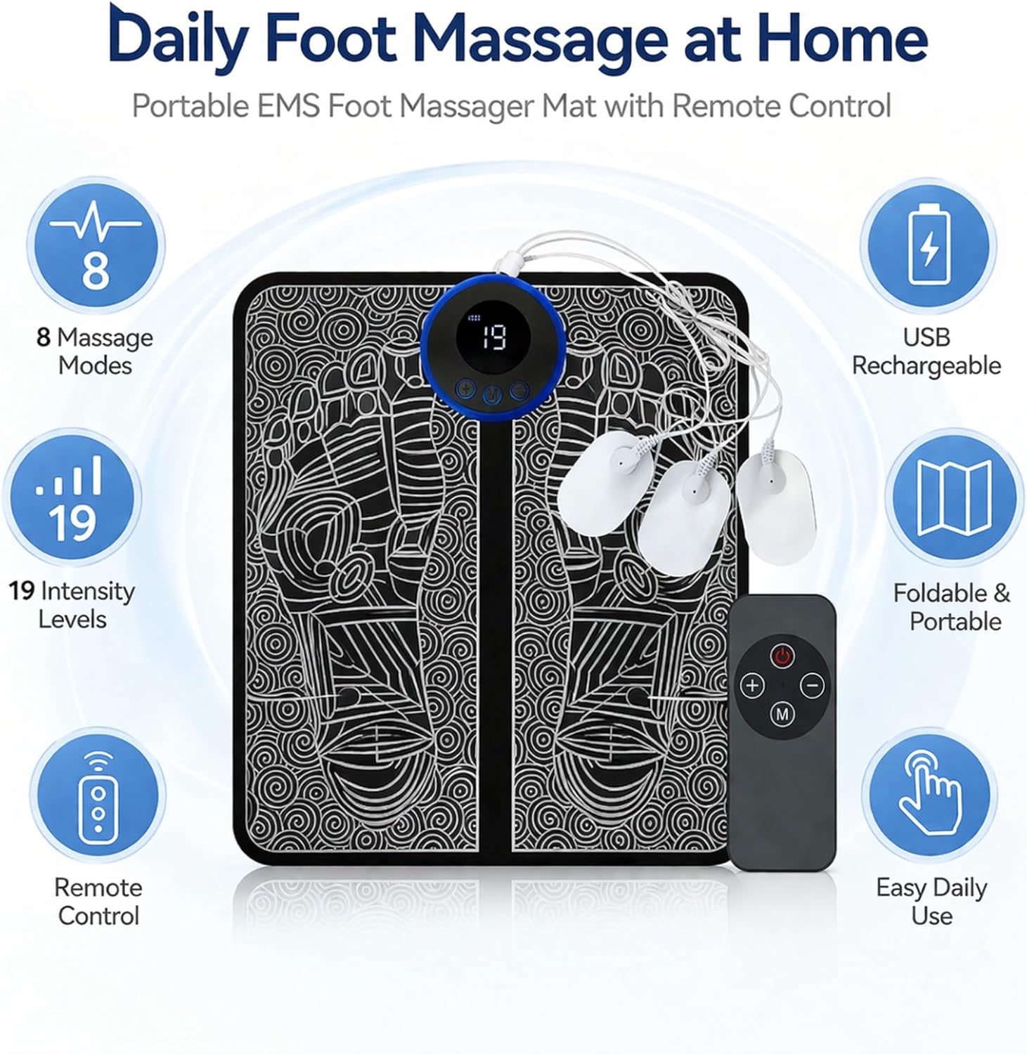 Ornaxis EMS Foot Massager Mat, Foot Muscle Stimulator with Remote Control, 8 Massage Modes, 19 Intensity Levels, USB Rechargeable Foot Massage Pad for Home Use
