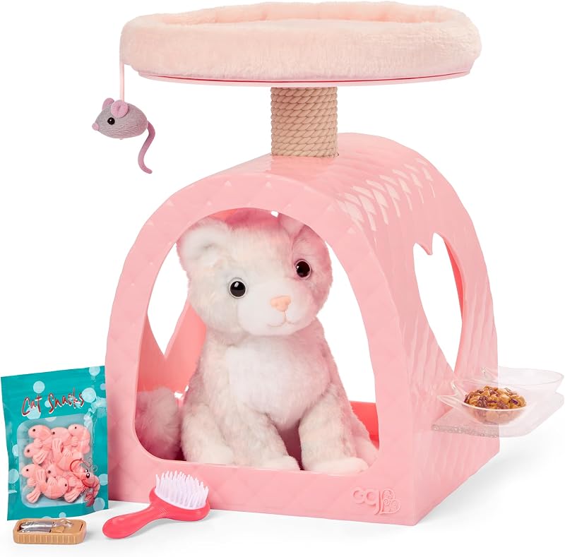 Casa para gatos rosa con cama y gatito de peluche - Comida para mascotas y cepillo de aseo