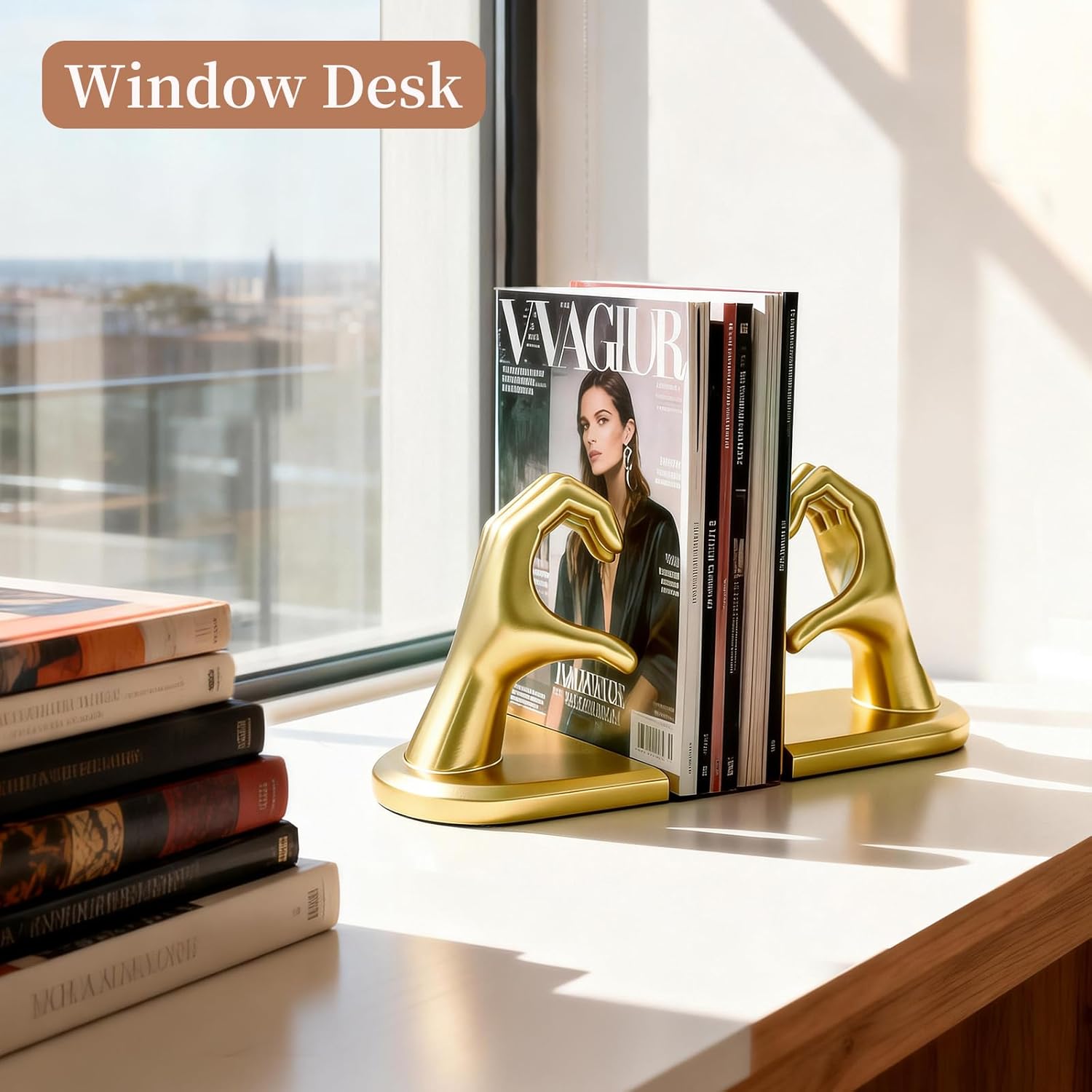 Book Ends Heart Design for Mom, Non-Skid Bookend, Gold Bookends for Shelves, Heavy Duty Resin Book Stopper for Living Room Merch Apartment Bookshelf Birthday Women, 10.22 x 3.93 x 5.11