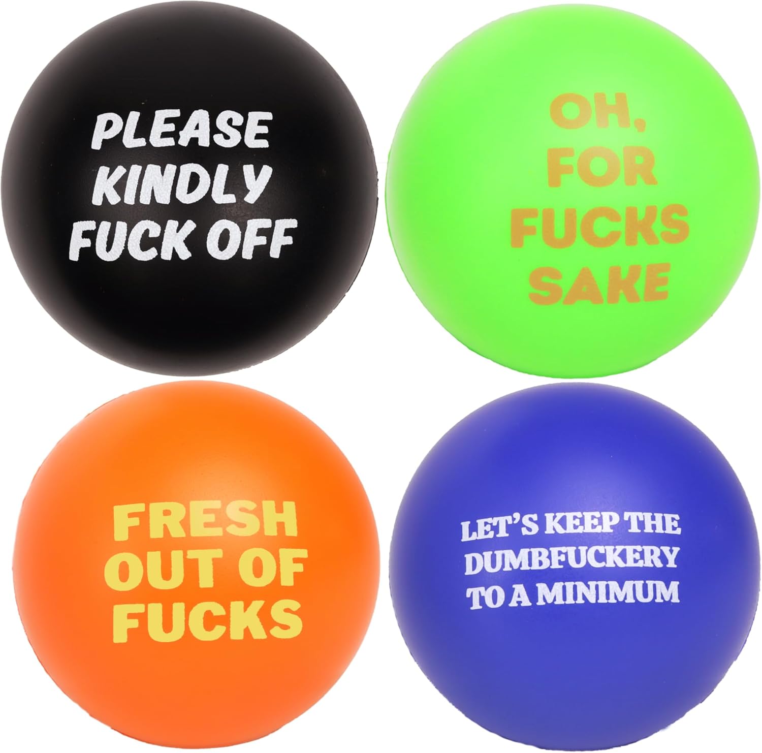Needzo Funny Adult Cuss Word Stress Balls, Novelty Gifts for Friends and Coworkers, 2.48 Inches (Pack of 4)