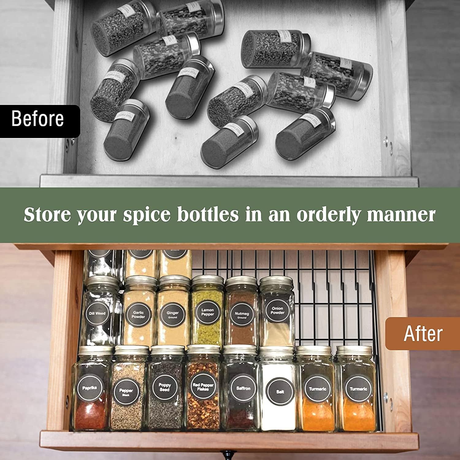 Housolution Spice Drawer Organizer, 2 Pack Expandable Metal Spice Rack Seasoning Organizer for Drawer, 3 Tier Slanted Spice Tray Storage Shelf for Kitchen, Black
