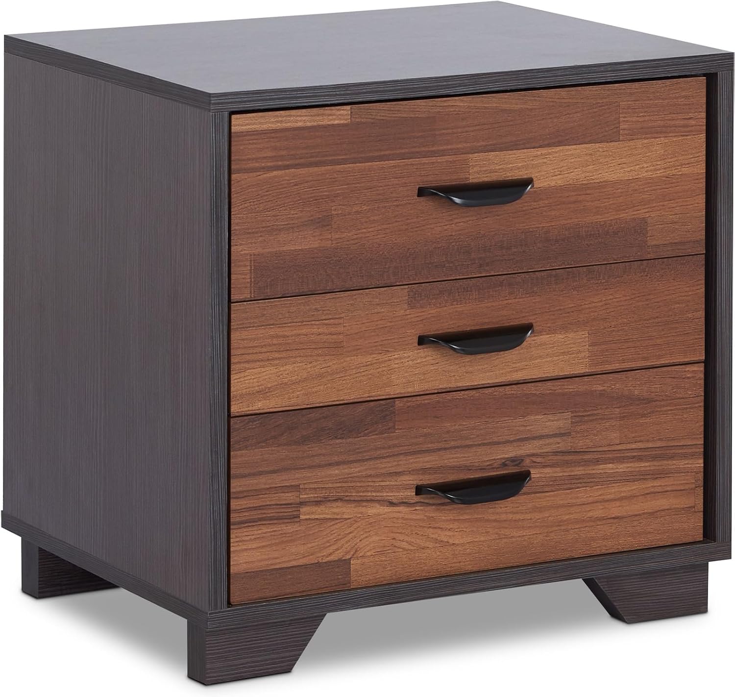 Modern Night Stand: Bedside Table with 3 Drawer, Wood Side Table with Leg, Perfect for Any Room (Black/Walnut)