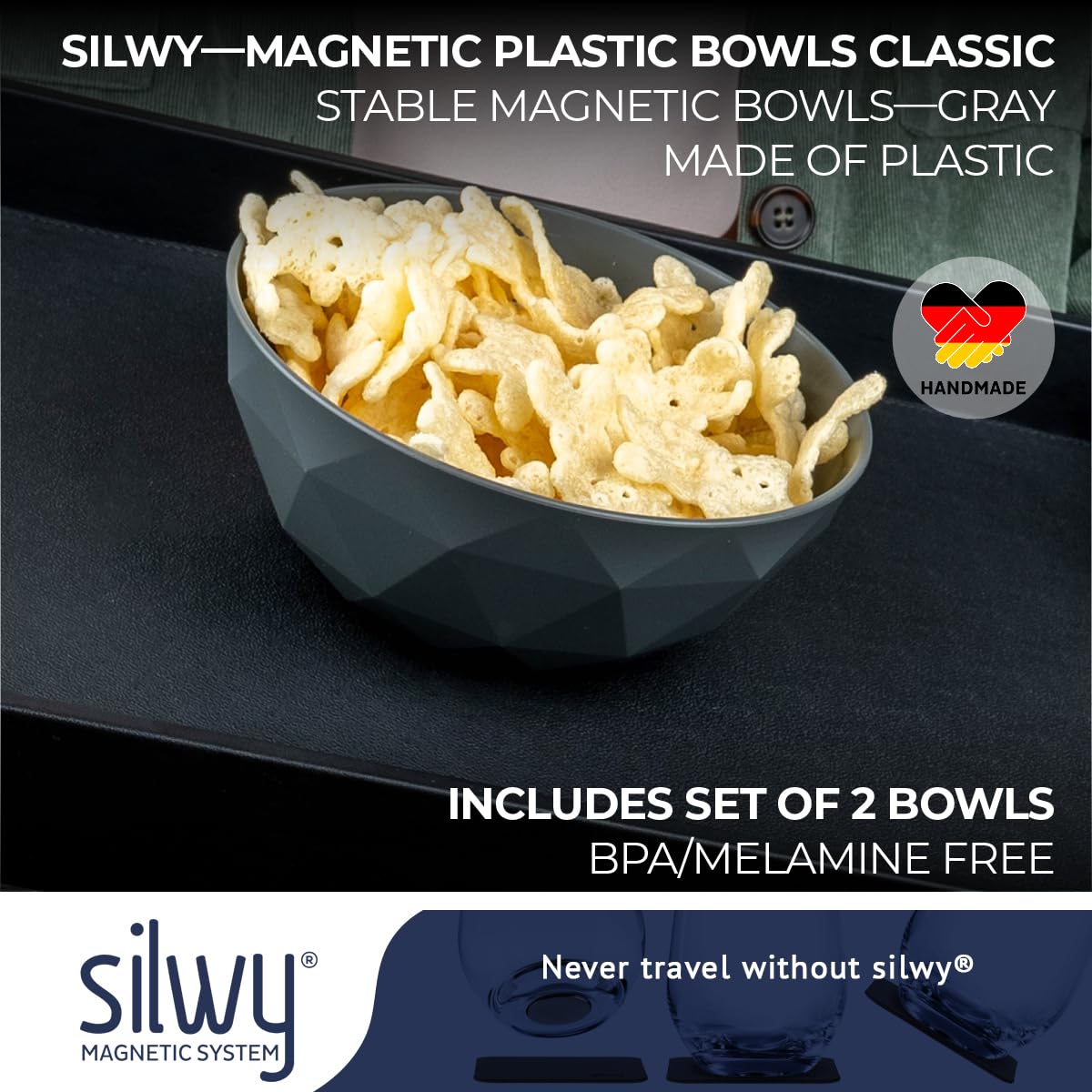 silwy® Super-Magnet-Bowl GREY (2er-Set) HIGH-TECH-Kunststoff - perfekt für Camping, Caravaning und Boating - rutschfestes Geschirr ohne jegliches Klappern stapelbar