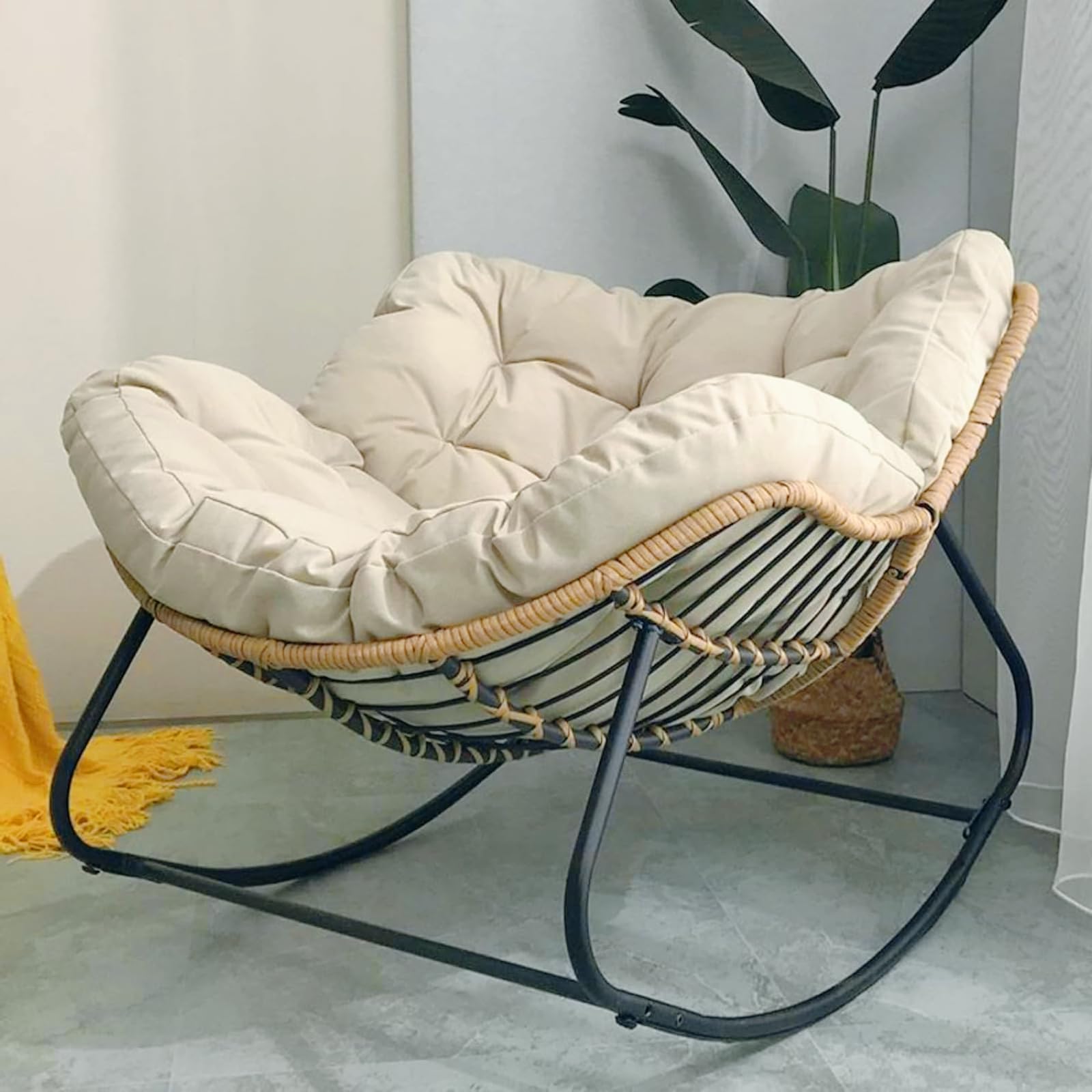 BYGSBKDP Rocking Chairs for Adults, Papasan Rocking Chair, Oversized Rattan Wicker Lounge Chair, with Cushion Metal Frame Large Supports Modern Outdoor Patio Garden Egg Rockings Chairs (Rice-white)