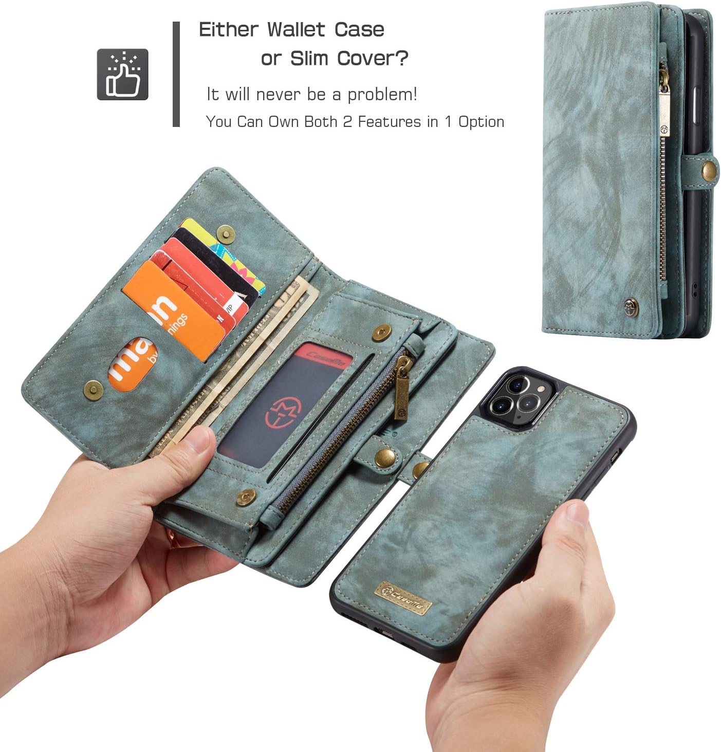 Exclusive GFU Detachable iPhone 11 Pro Wallet Case, Best Design Leather TPU Magnetic Flip Folio with Card Holder Strap Zipper 2-in-1 Purse Protective Case for iPhone 11 Pro 2019 5.8 for Women Girl Men (Blue)