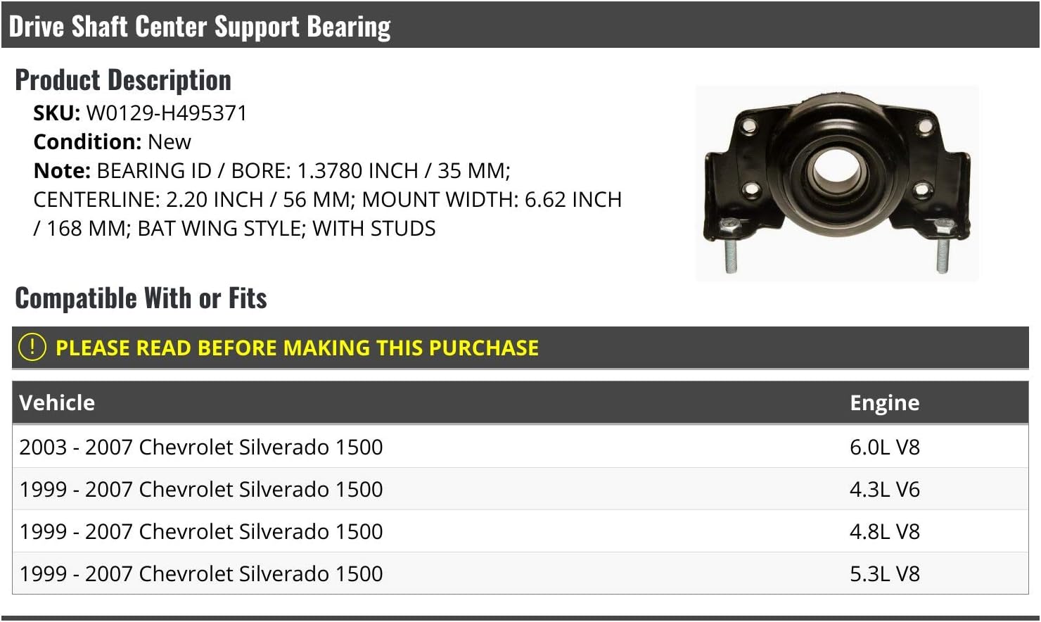 Drive Shaft Center Support Bearing - Compatible with 1999-2007 Chevy Silverado 1500