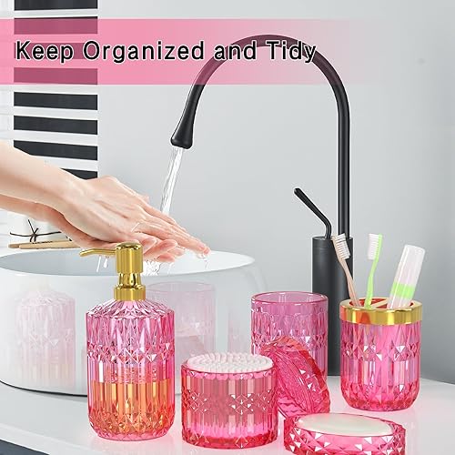 Miniatura 4 de Juego de 5 accesorios de baño verdes elegantes, moderno organizador de tocador de cristal de primera calidad, dispensador de loción, jabonera, vaso,