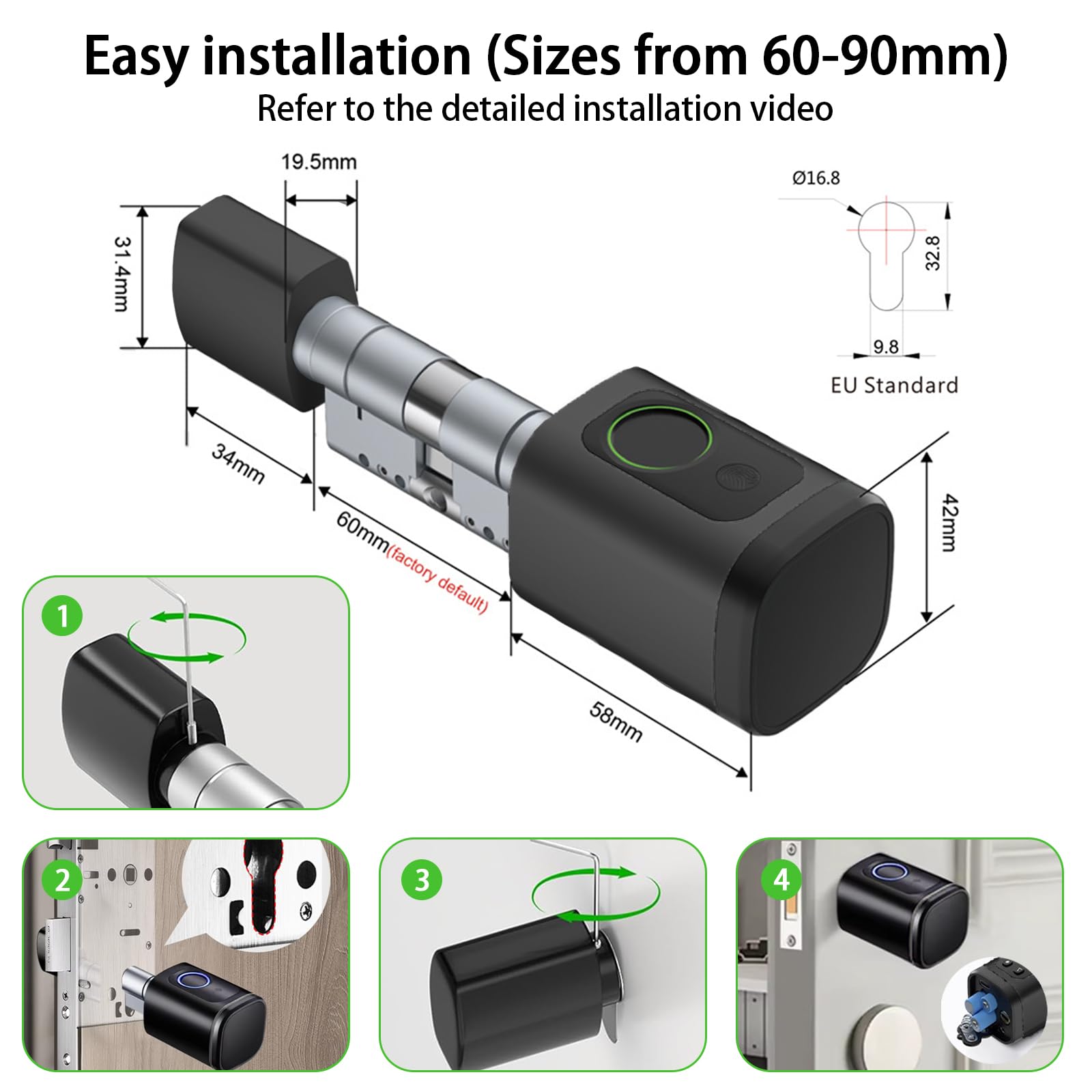 Cerradura Inteligente 5 en 1 para Puerta Principal, Cilindro Ajustable 60–90 mm, Apertura con Huella, Contraseña, Tarjeta RFID, Tuya App, Bluetooth y Llave, Modo Invitado y Contraseña Única