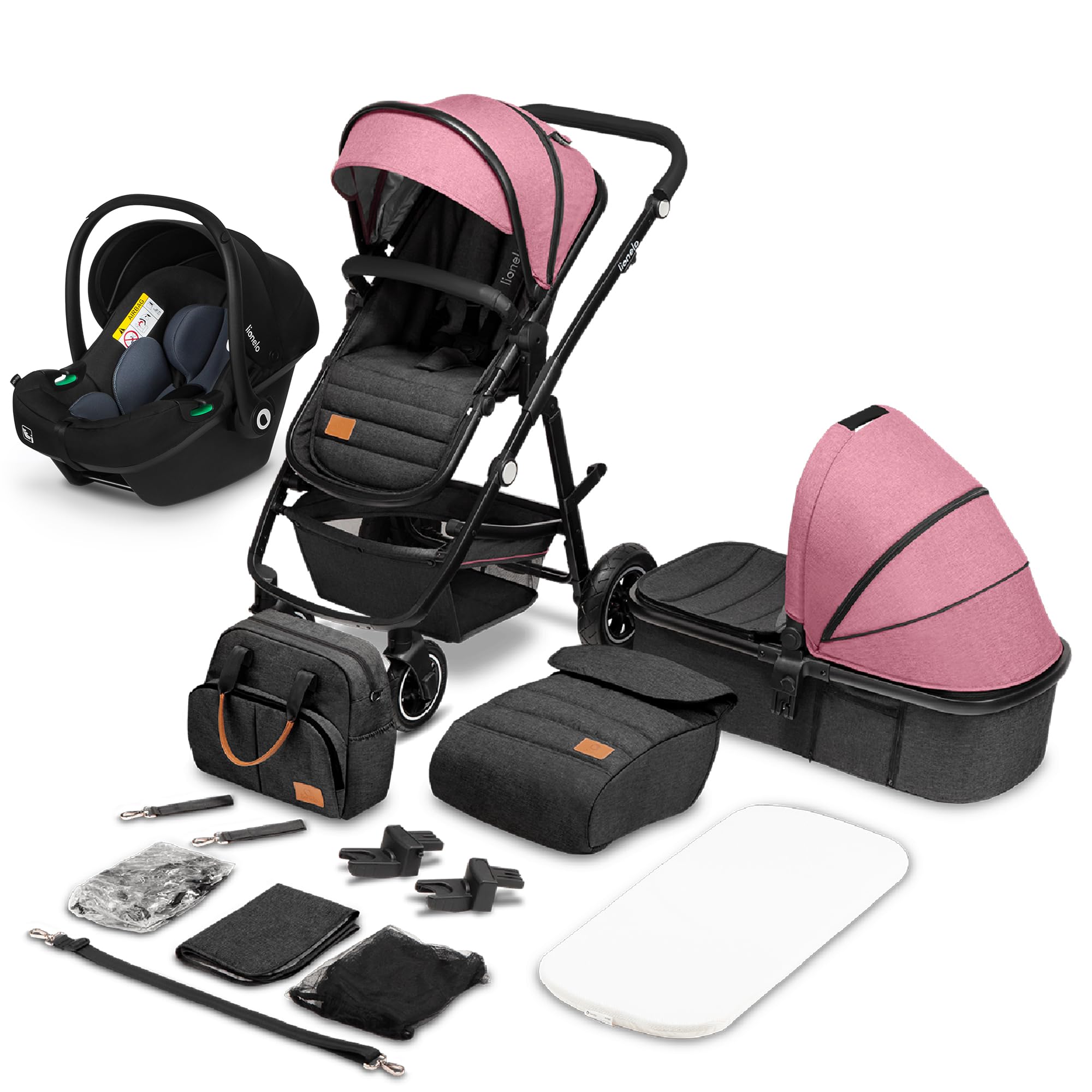 LIONELO Amber 3 in 1 poussette multifonctionnellle, landau, ensemble poussette avec siège sport et nacelle fixe, sac, moustiquaire, couvrir, feuille de pluie mit siege auto (Pink)