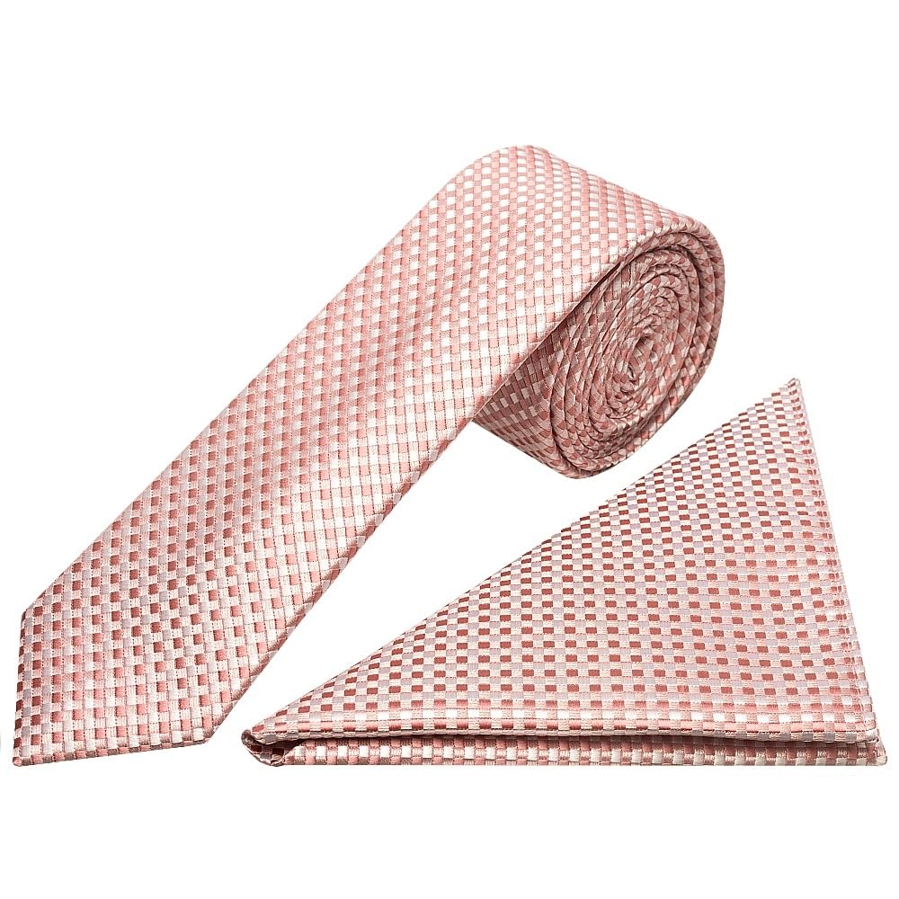 Ties R Us Men's Pink Rose Gold Diamond Neat Skinny Tie And Pocket Square Set