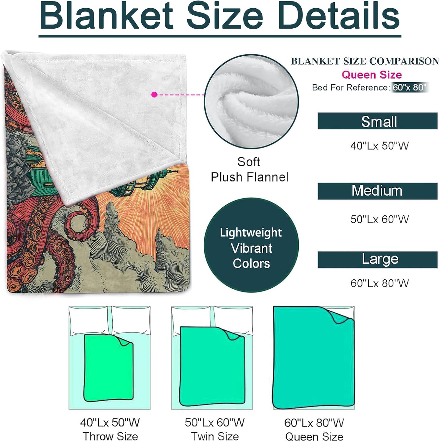 Retro Octopus Blanket, Marine Life and Lighthouse Flannel Throw, Soft Cozy Lightweight Throws Blankets for Women Kids Girls, Vintage Home Decor for Sofa Couch Bedroom Home, 60x50 Inch - Image 3