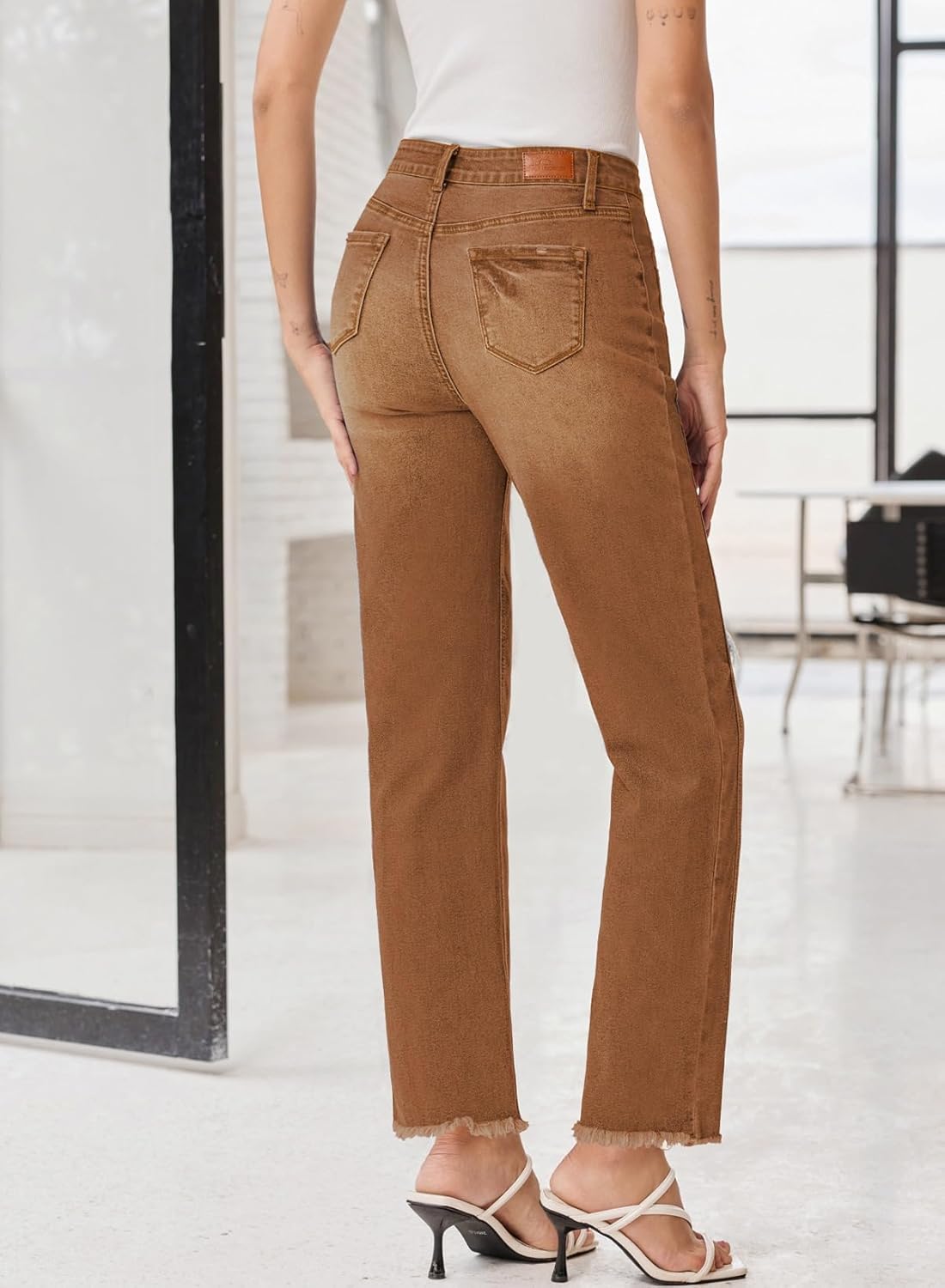 Sidefeel Women's High Waisted Boyfriend Jeans Trendy Ripped Straight Leg Raw Hem Stretchy Ankle Denim Pants - Image 2