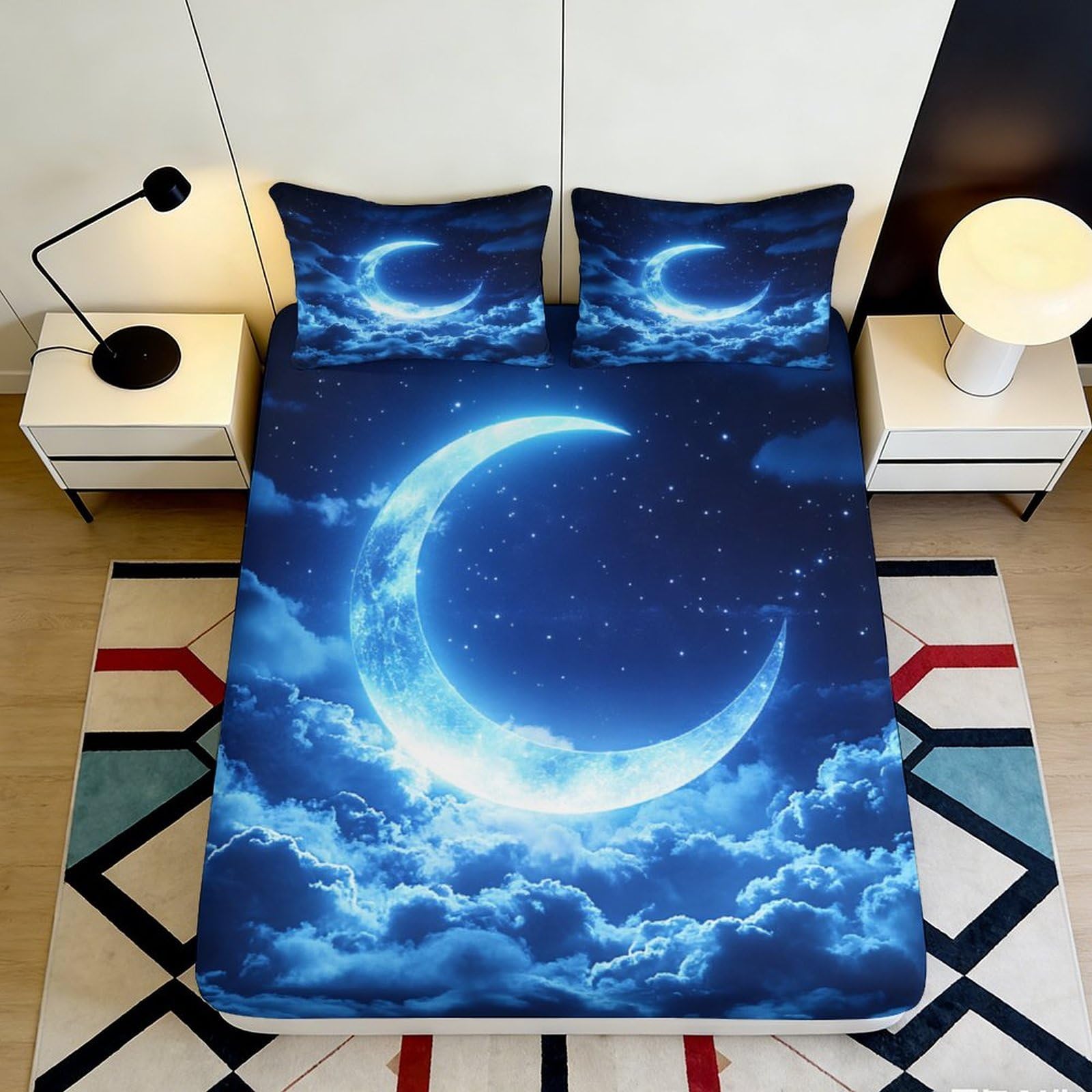 3D Printed Moon and Clouds Fitted Sheet Microfiber Soft Breathable Night Sky Bed Cover for Bedroom Dormitory Guest Room Mattress Protection Decor 180x200x25cm