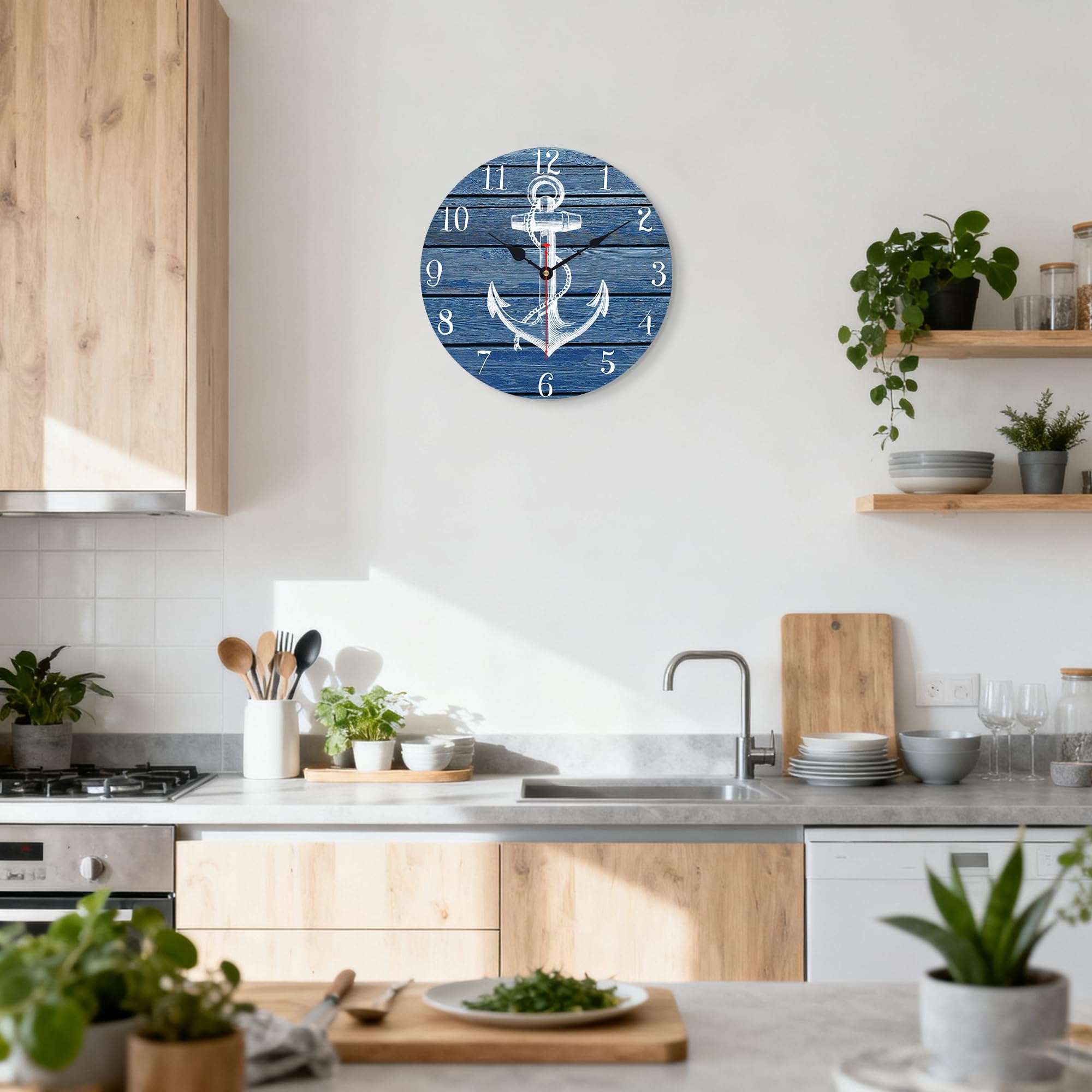 TAHEAT 34 cm Bianca Ancora Orologio da parete, Non ticchettio Orologi, Nautico Retrò In legno Numeri arabi Orologi, Facile da leggere Orologi da Parete per Cucina/Soggiorno/Camera da letto