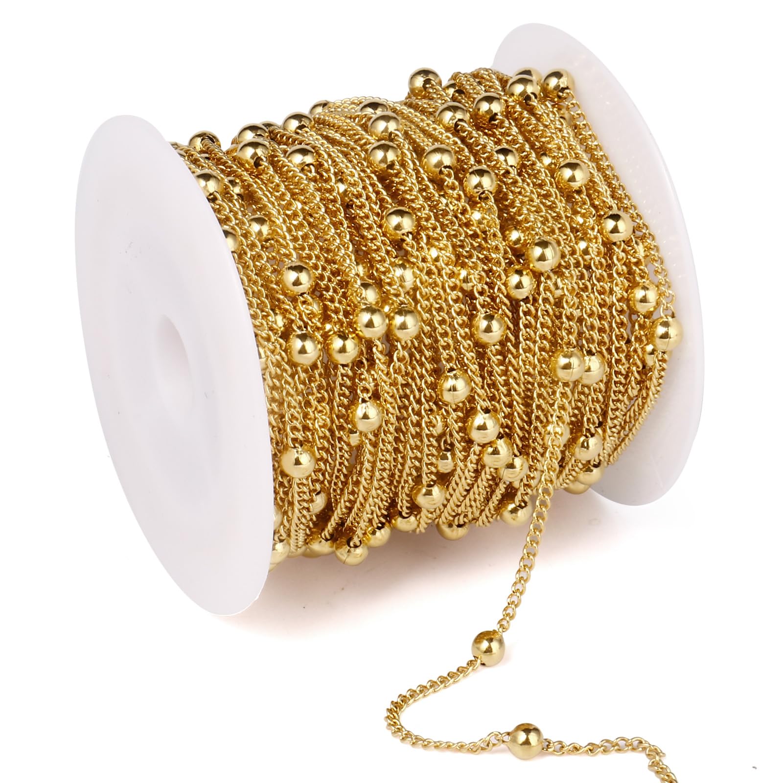 33 Feet Gold Satellite Chains Roll, 2mm 18K Gold PVD Plated 304 Stainless Steel Ball Beaded Twisted Curb Chains Spool Bulk for Jewelry Making DIY