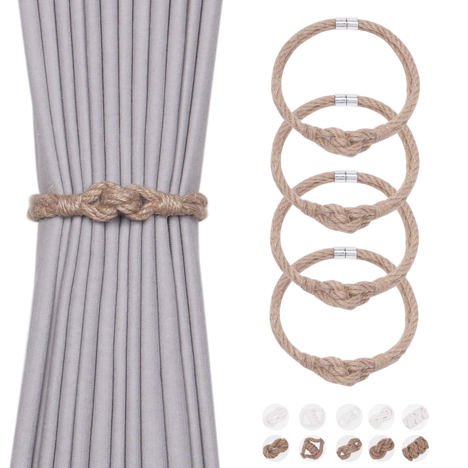 Pretty Jolly 4 Pack Natural Jute Rope Curtain Tiebacks Elegant Boho Style Magnetic Drape Tie Backs Soft Hand-Woven Rope Curtain Holdbacks for Home & Office Drapery (Jute knot-05)