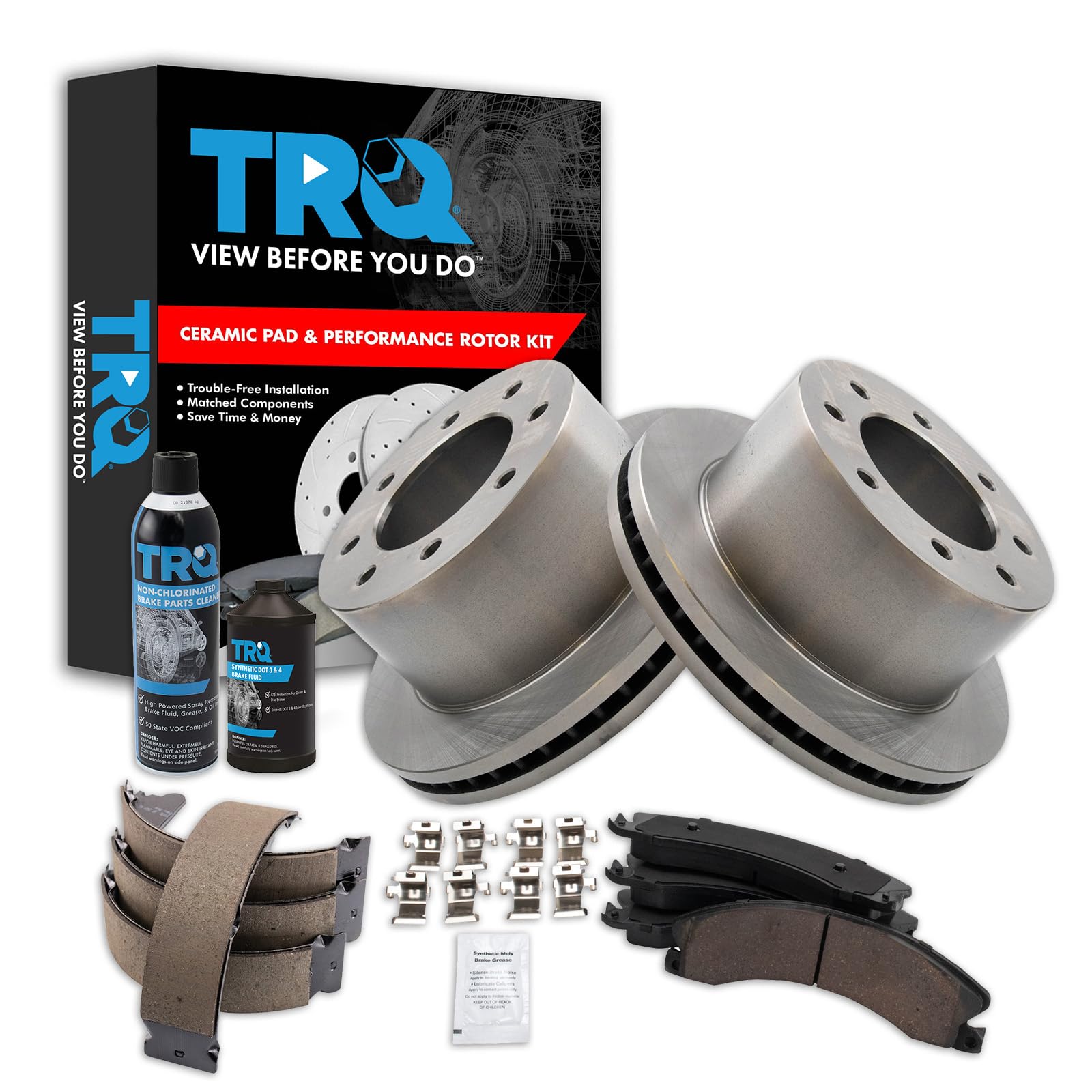 TRQ Rear Brake Pad &amp; Rotor Kit, with Chemical Kit Parking Brake Shoe Set Ceramic Compatible with 2013-2017 Chevrolet Silverado 3500 HD GMC Sierra 3500 HD