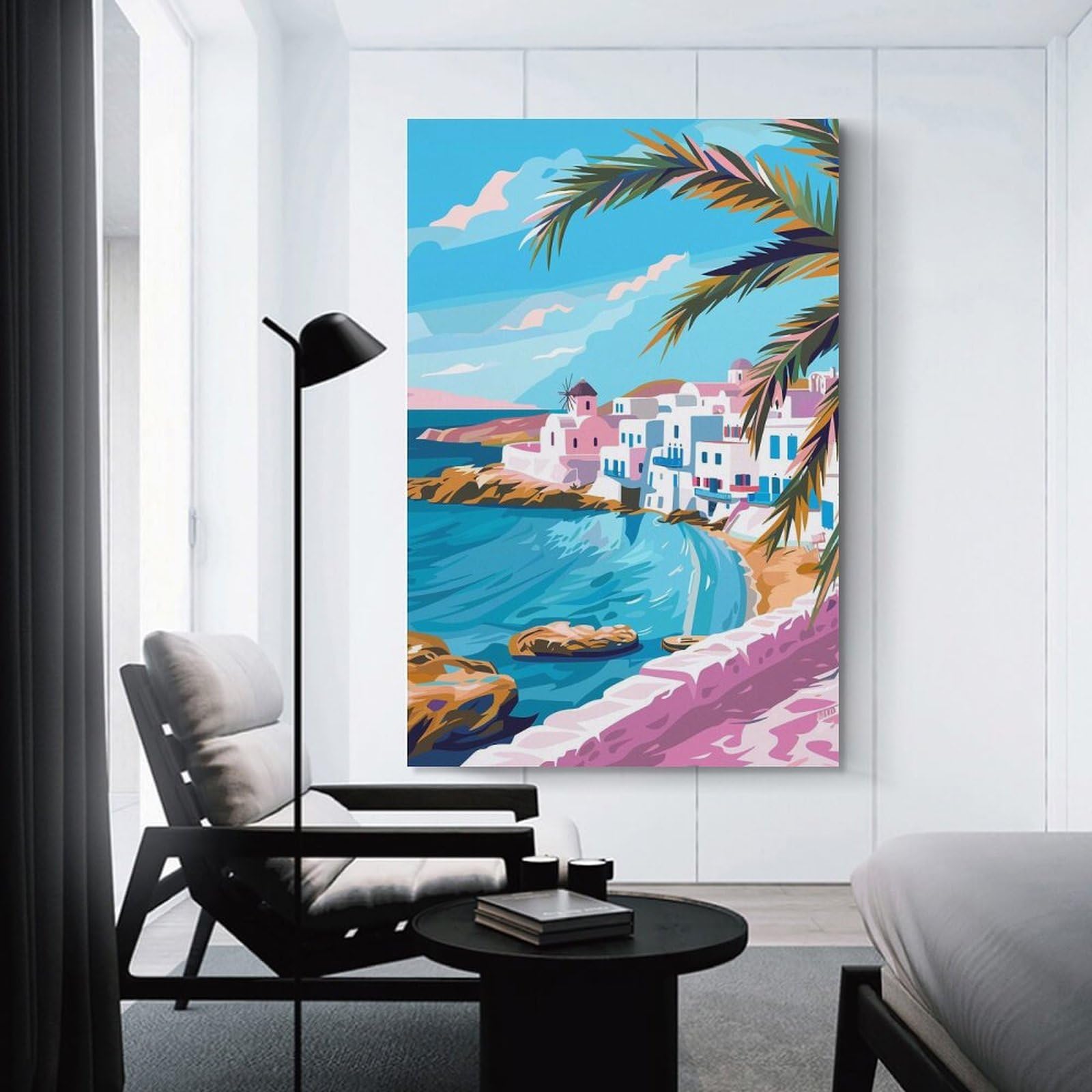 Junmoney Hanging Wall Art Mykonos Greece Travel Art, 24x36inch(60x90cm), for Work Areas, Reading Rooms Or Studios, Wall Art That Adds Style to Work Areas