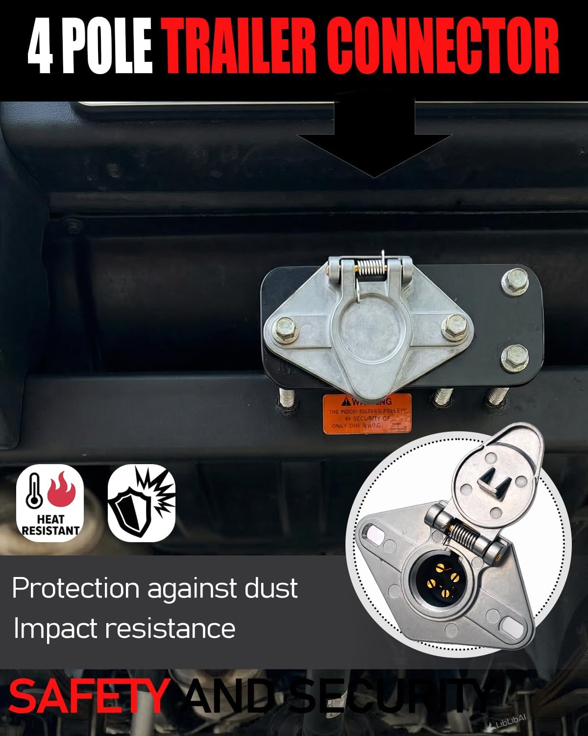 4-Pin Trailer Connector, Weather-Resistant Zinc Plug for RV Truck | Vehicle-side SAE standard 4-way trailer connector、 Secure locking cover、Replacement trailer wiring plug、Light harness socket