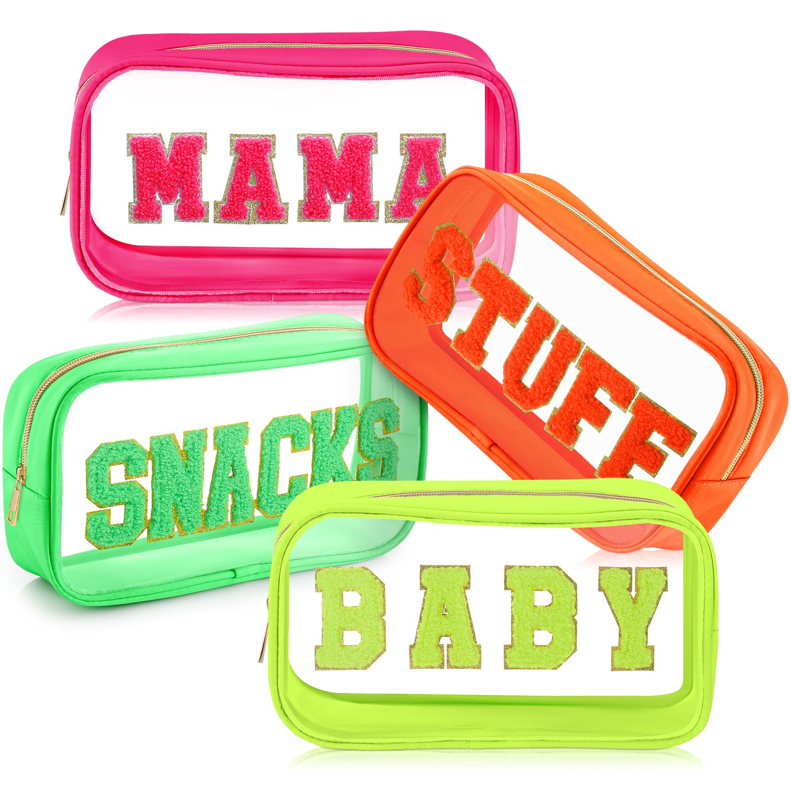 SilTriangle 4 Pcs Mama and Baby Toiletry Bag Clear Chenille Letter Pouch Snacks Makeup Stuff Travel Diaper Bag Preppy Transparent Pouch with Zipper
