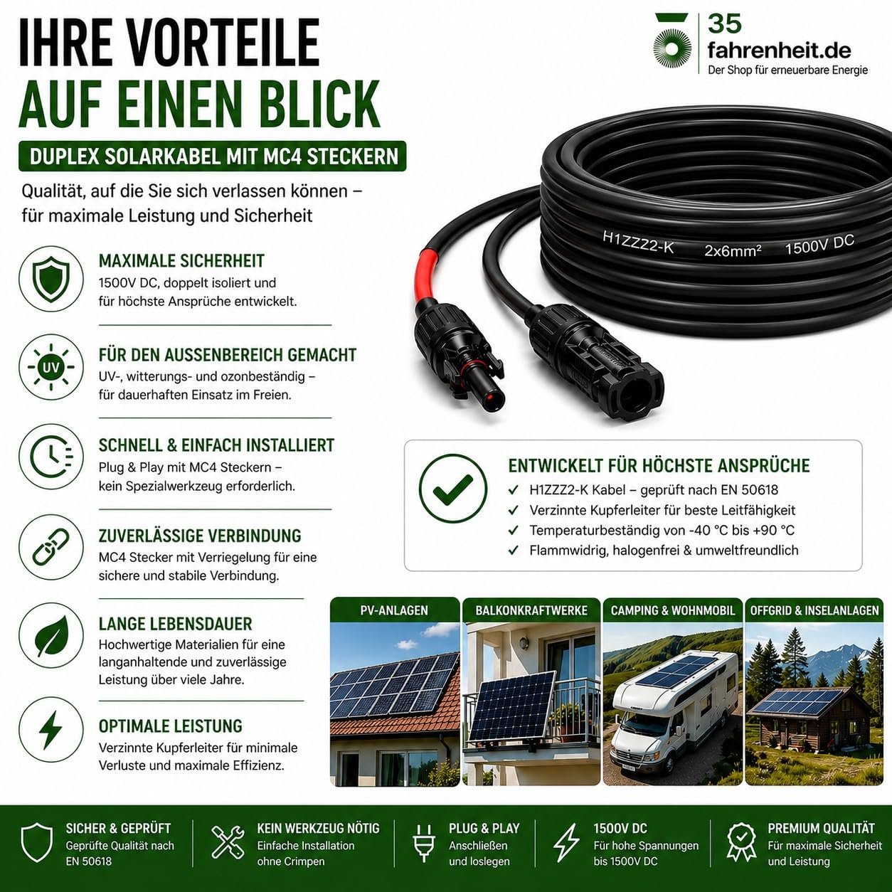 Solarkabel Duplex 19m Set 6mm² H1Z2Z2-K – inkl. MC4 Stecker & Adapter – TÜV zertifiziert – 1500V 30A – UV- & witterungsbeständig – für Solaranlagen, Photovoltaik & Balkonkraftwerke