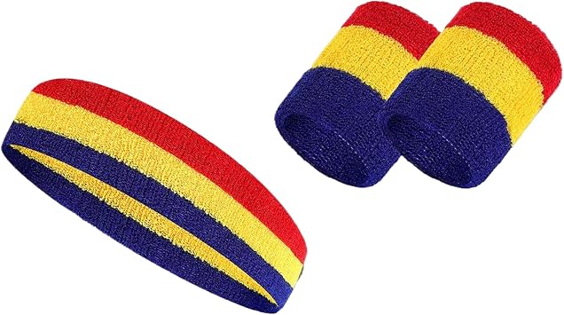 Striped Sweatband Set, 2 Wristbands and 1 Headband, Moisture Wicking Athletic Bands for Sports, Men and Women,Athletic Bands for Basketball, Tennis, Working Out
