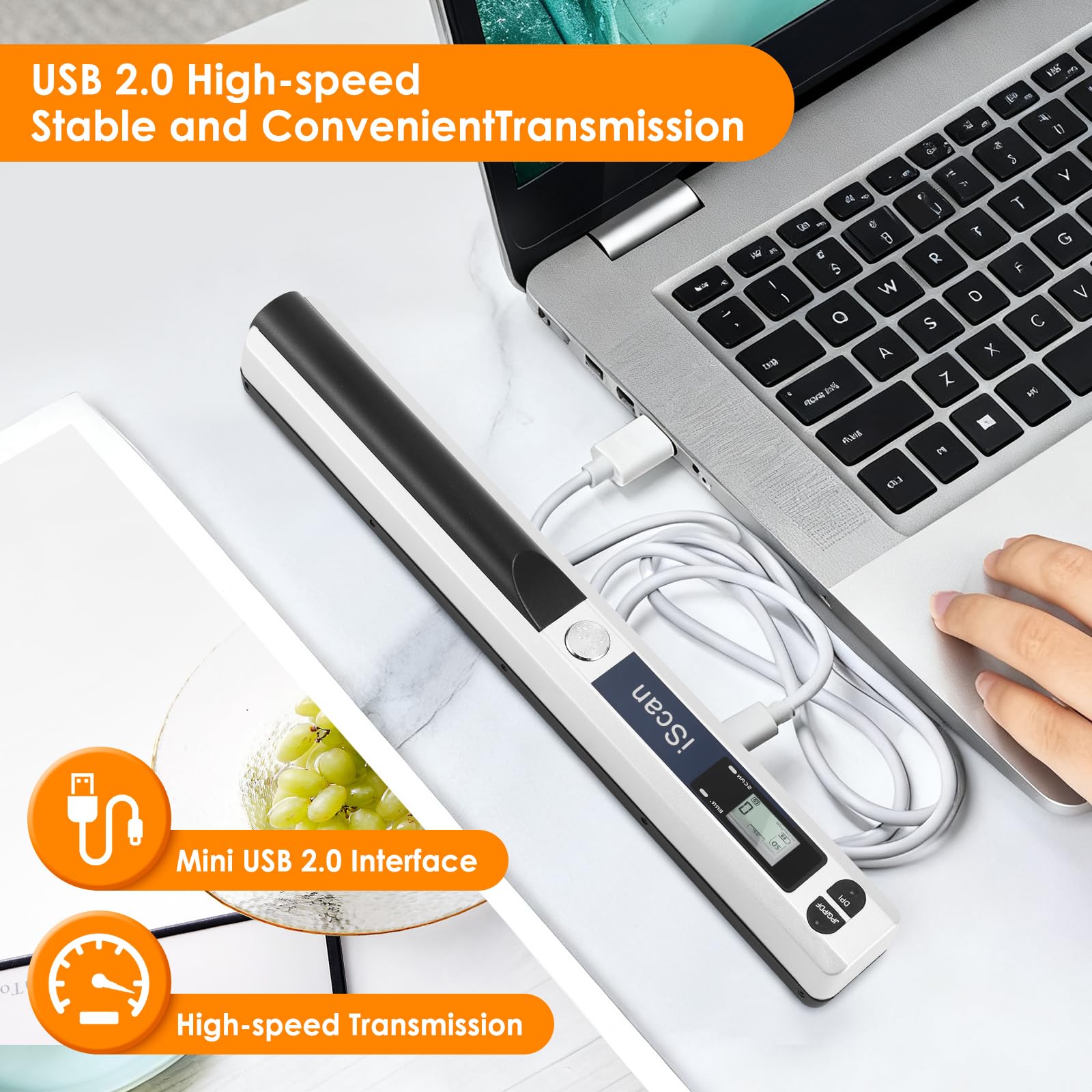 A4 Portable Scanner, USB Image Scanner Handheld Scanners Colour Scanning 900 dpi A4 Portable Document Scanner in JPG/PDF Format (Silver Scanners + 16GTF Card) — view 3