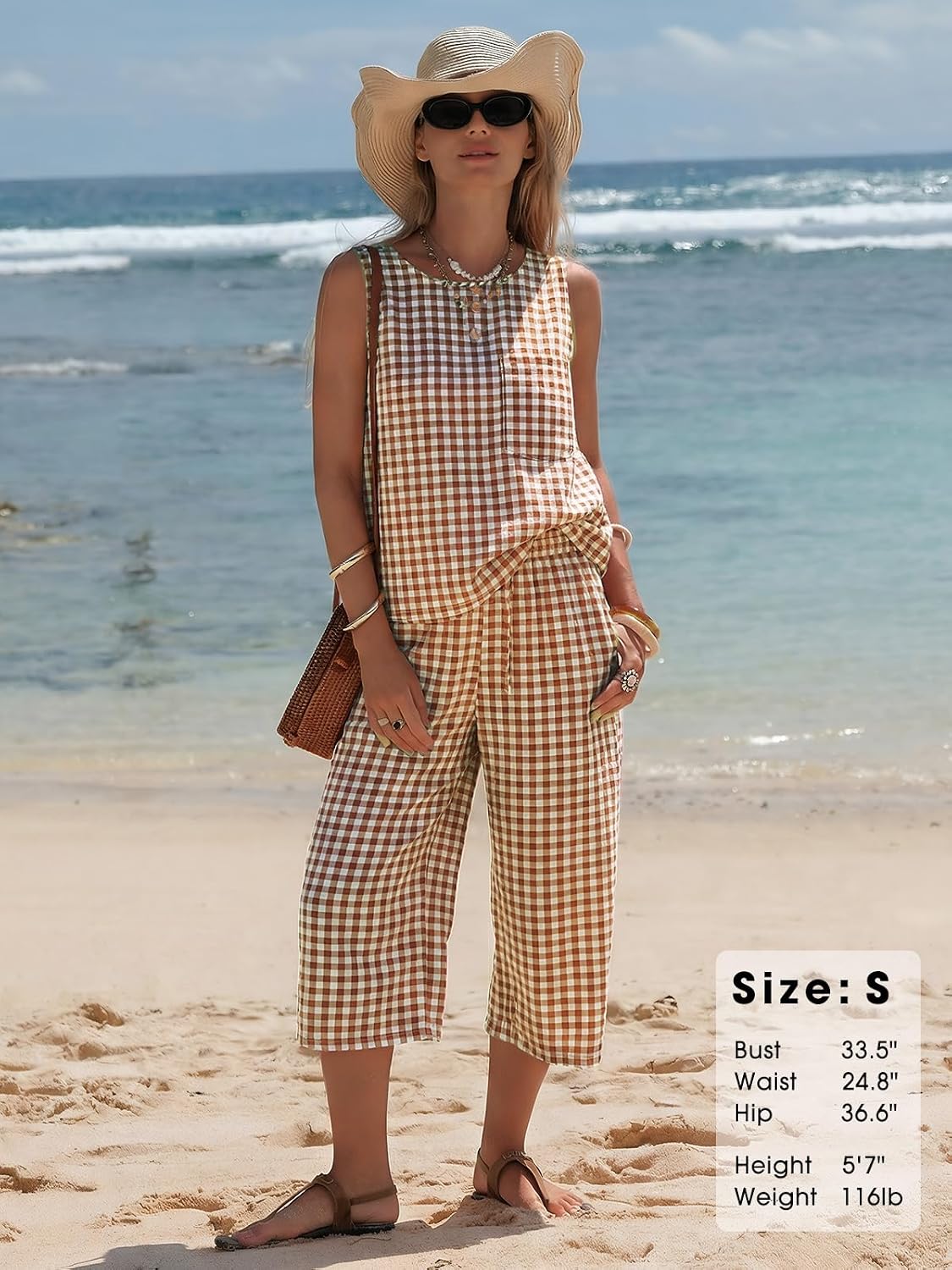 EXLURA Womens Summer 100% Cotton 2 Piece Outfits Striped Sleeveless Top Capri Wide Leg Pants Sets Faux Linen Beach Vacation image 4