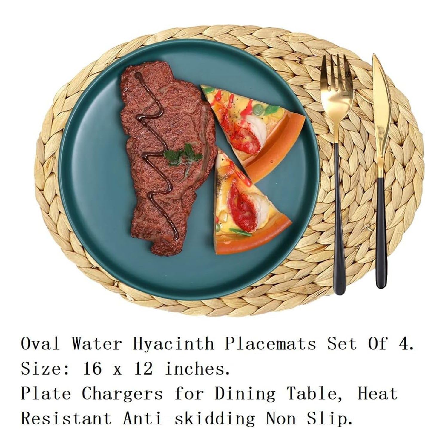 Yjijaiifd Oval Woven Placemats, Natural Water Hyacinth, Straw Braided Rattan, Non-Slip 12X16 Inches 4Pack - Image 2