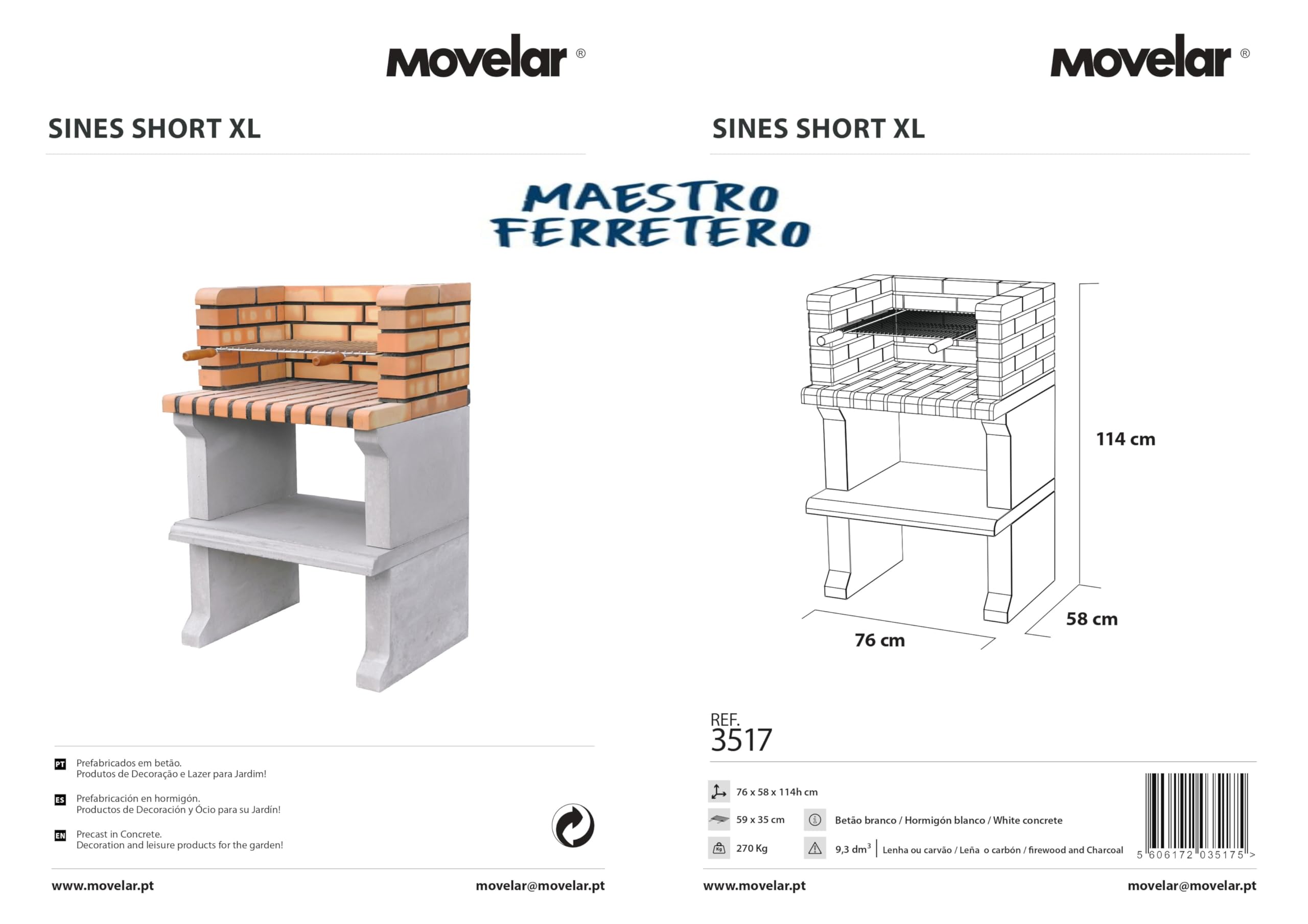 MOVELAR - Barbacoa de Obra Prefabricada de Leña y Carbón Modelo Sines Short (Gris, Naranja - 72,5 x 58 x 114 cm) REF: 3517 - Cocina de Exterior para Jardín o Patio