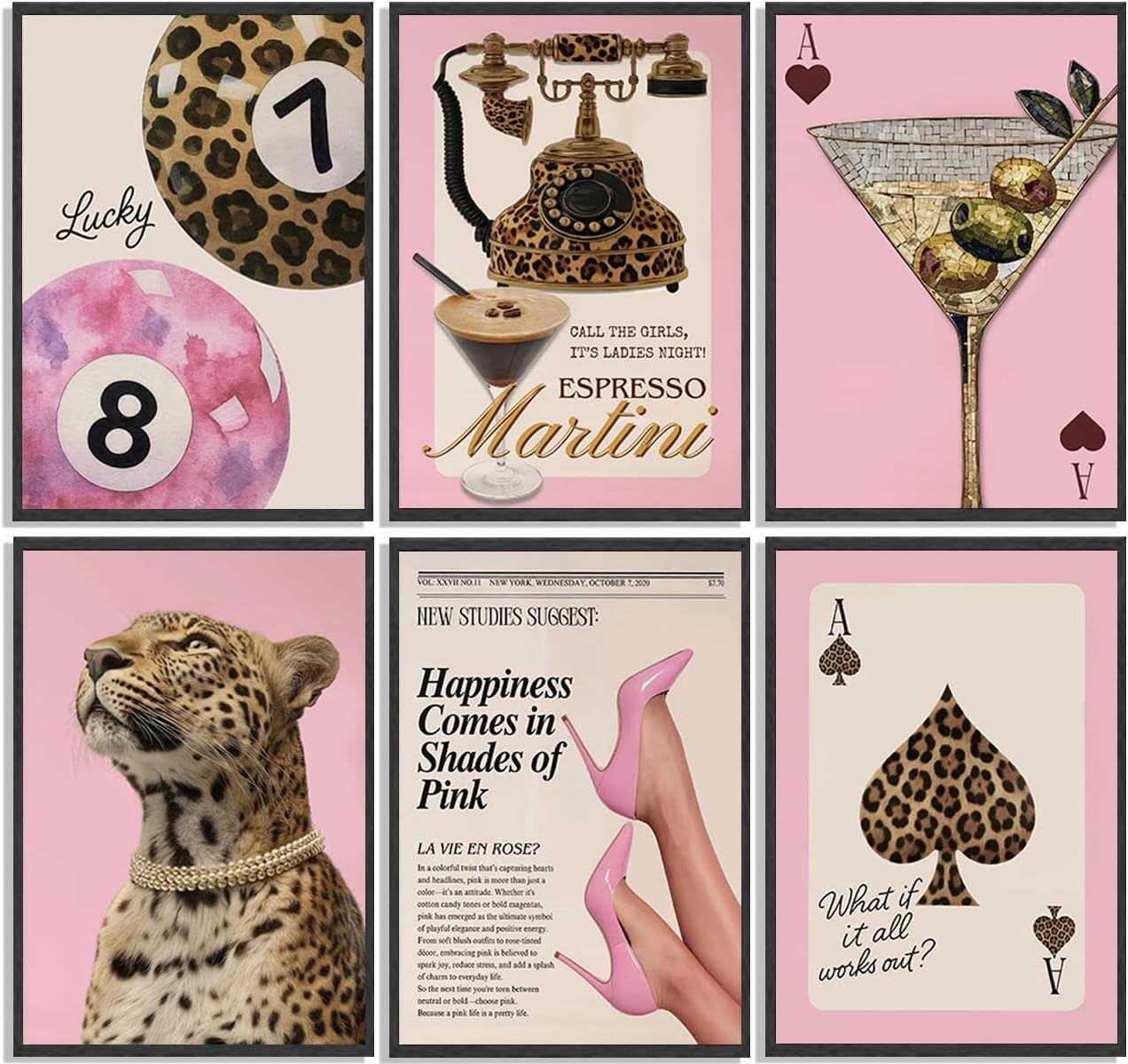 6Pcs Trendy Pink Leopard Wall Art Vintage Preppy Posters Prints Y2k Luxury Aesthetic Wall Decor Pictures Lucky 8 Ball Cheetah Painting for Girls Bedroom Dorm Decorate 12x16in Unframed