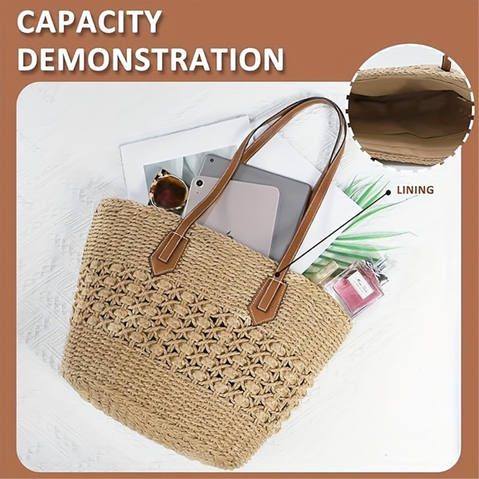 Umhängetasche Bohemia Frauen Schultertaschen Große Kapazität Sommer Korb Strohtasche Für Reise Strandtasche-Khaki