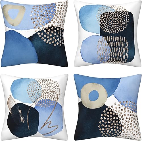 Juego de 4 fundas de almohada bohemias azules de 18 x 18 pulgadas, modernas de mediados de siglo, decorativas, estéticas, coloridas, abstractas,